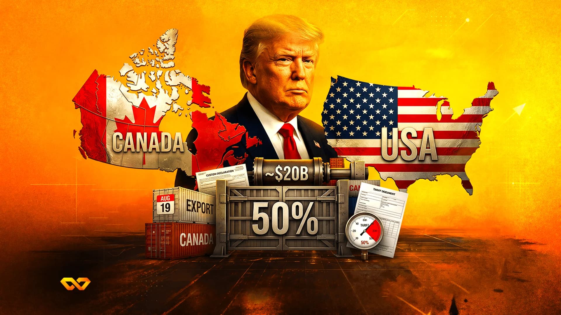 دونالد ترامب بين خريطتي كندا والولايات المتحدة، مع حاويات شحن وبوابة رسوم جمركية بنسبة 50% في المقدمة.