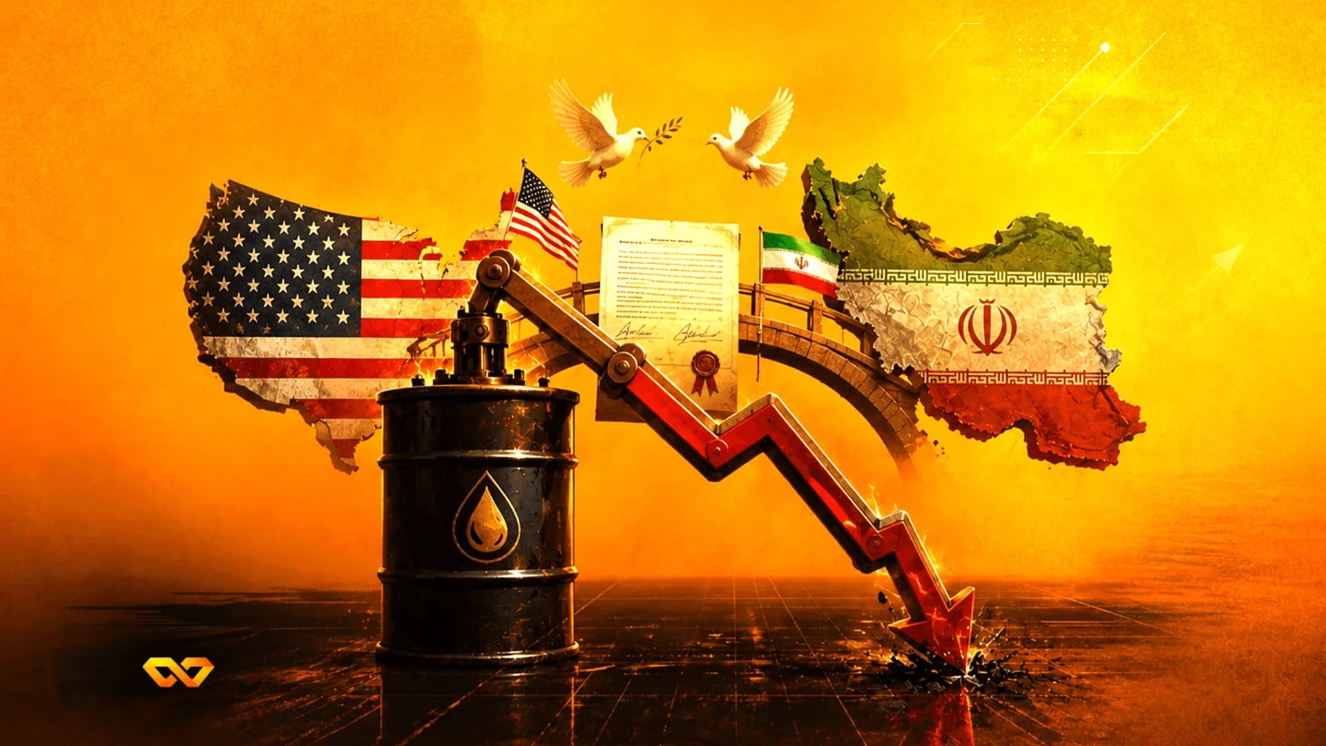 خرائط للولايات المتحدة وإيران يربط بينهما جسر، مع حمام وبرميل نفط وسهم أحمر هابط على خلفية برتقالية.