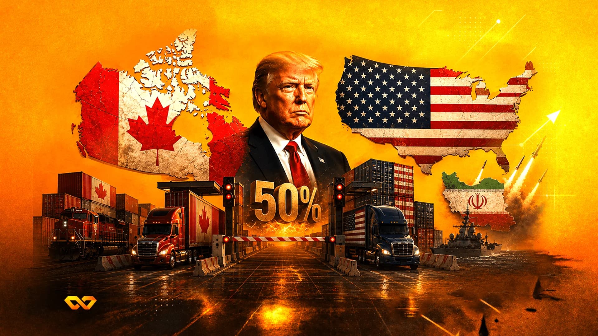صورة لدونالد ترامب بين خريطتي كندا والولايات المتحدة، مع شاحنات وقطار وسفينة حربية ونص '50%'.