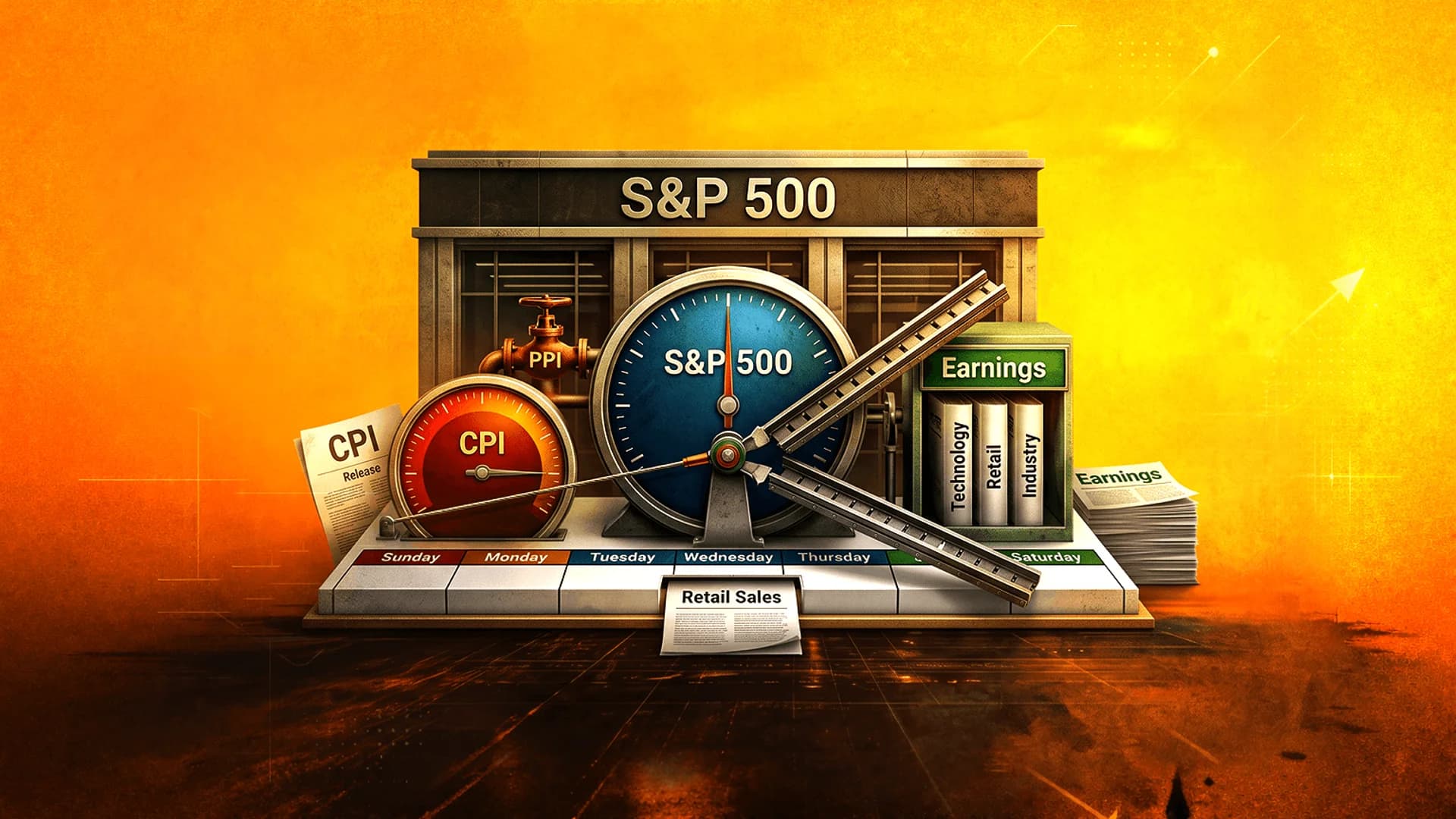 رسم ثلاثي الأبعاد لهيكل ميكانيكي يضم مقاييس S&P 500 وCPI وصمام PPI وملفات أرباح فوق قاعدة تقويم.