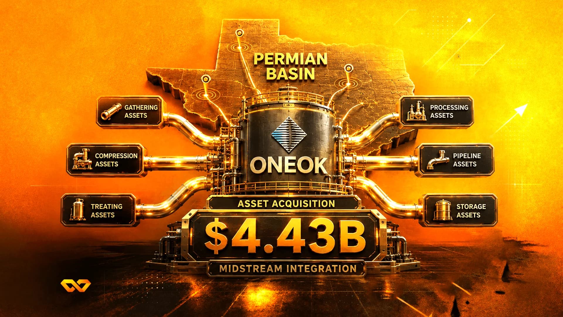 رسم ثلاثي الأبعاد لشعار ONEOK وخريطة تكساس ومبلغ 4.43 مليار دولار مع تسميات لأصول صناعية وخلفية برتقالية.