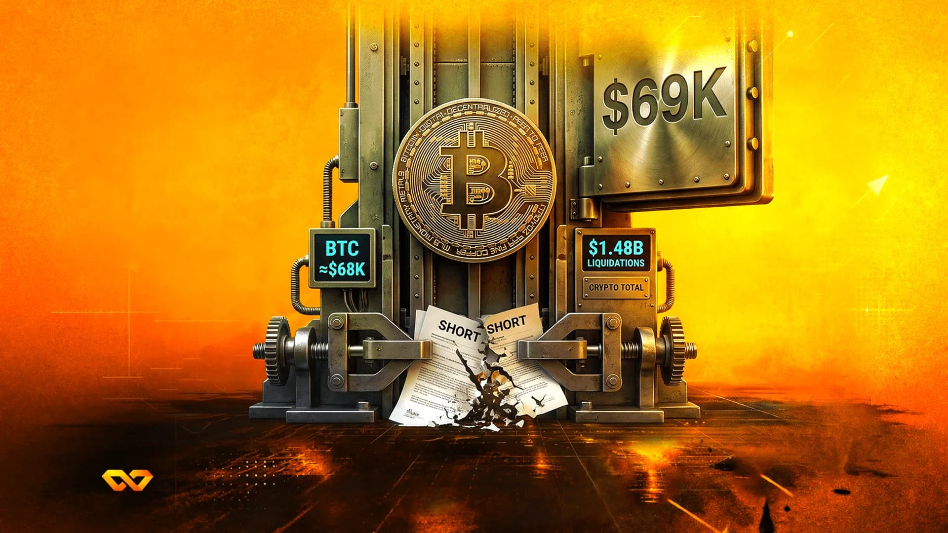 عملة بيتكوين على آلة ميكانيكية تمزق وثيقة 'SHORT'، مع شاشات تعرض السعر وبيانات التصفية.