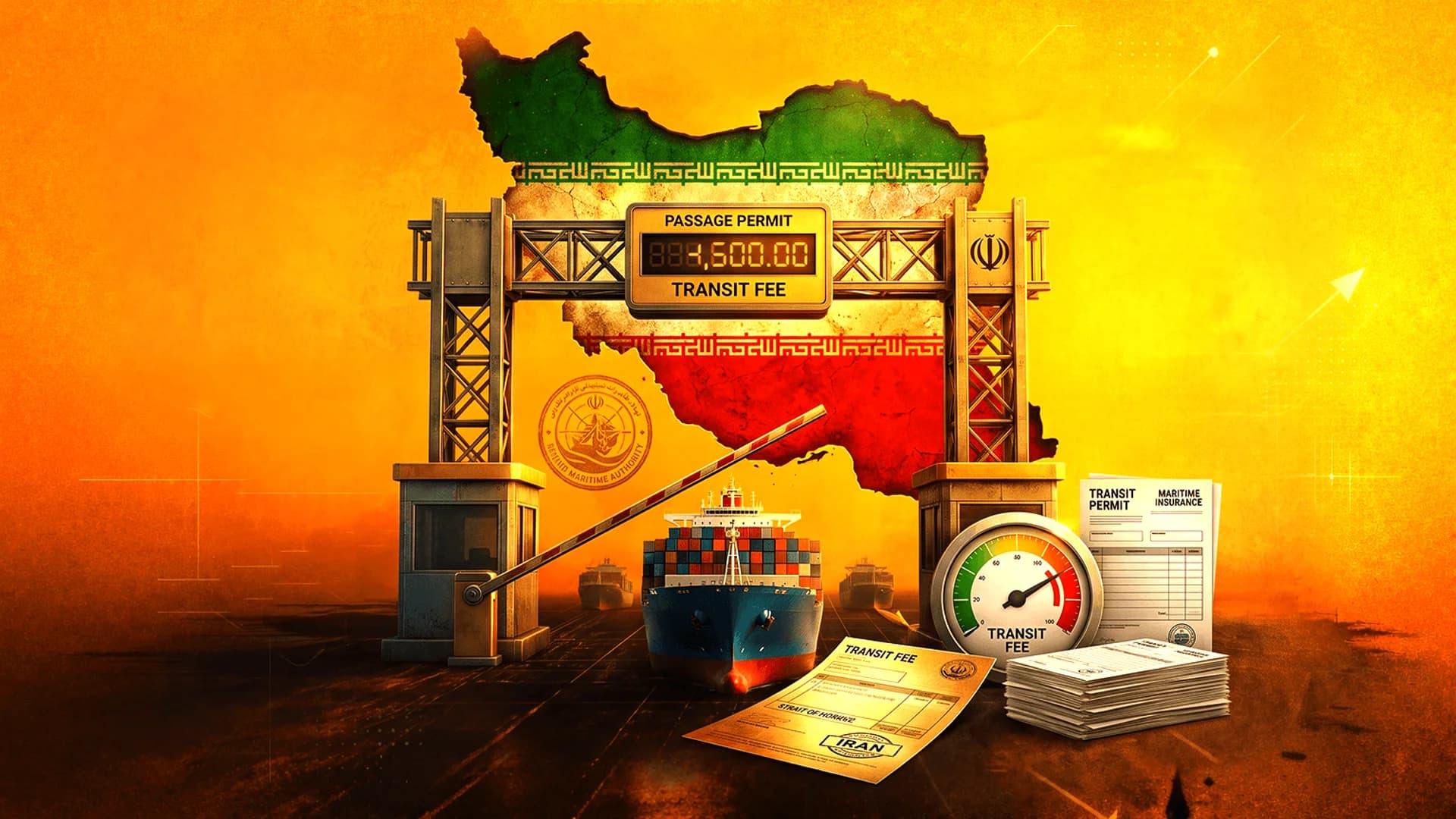 رسم توضيحي لسفينة شحن تمر عبر بوابة رسوم على شكل خريطة إيران مع وثائق تصريح عبور.