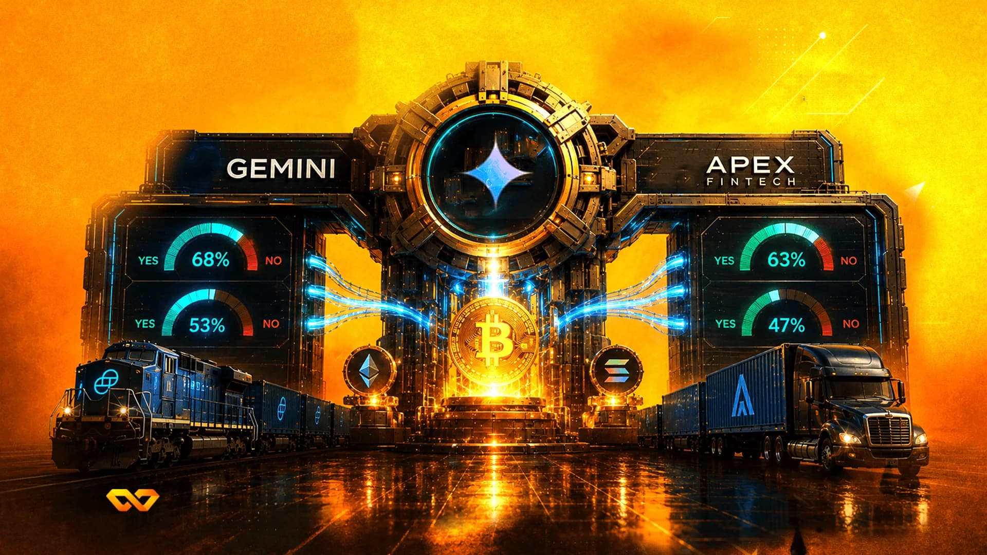 بوابة مستقبلية تحمل شعاري Gemini وApex Fintech، مع رموز بيتكوين وإيثيريوم وسولانا ومقاييس بيانات.