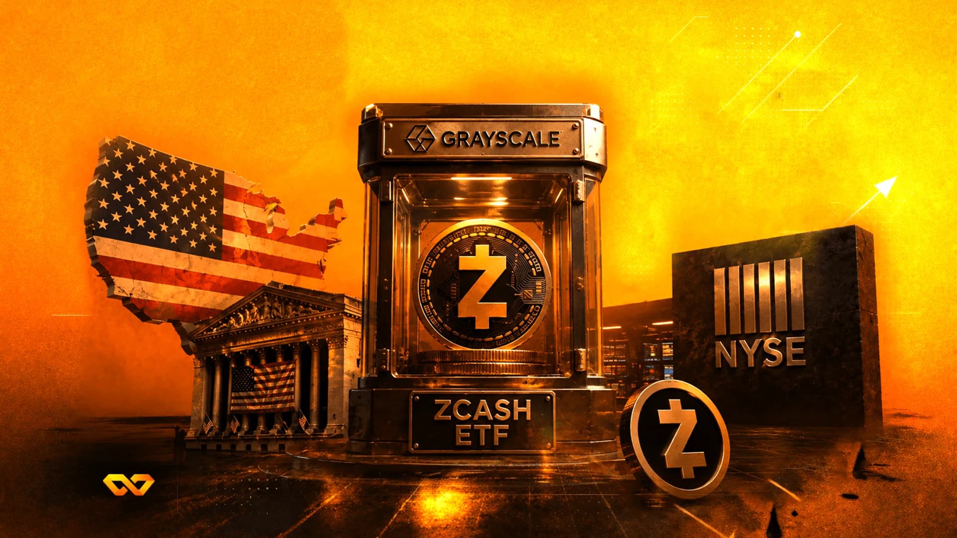 عملة زيكاش داخل صندوق عرض غرايسكيل يحمل ملصق ZCASH ETF، بجانب شعار بورصة نيويورك وعلم أمريكي.