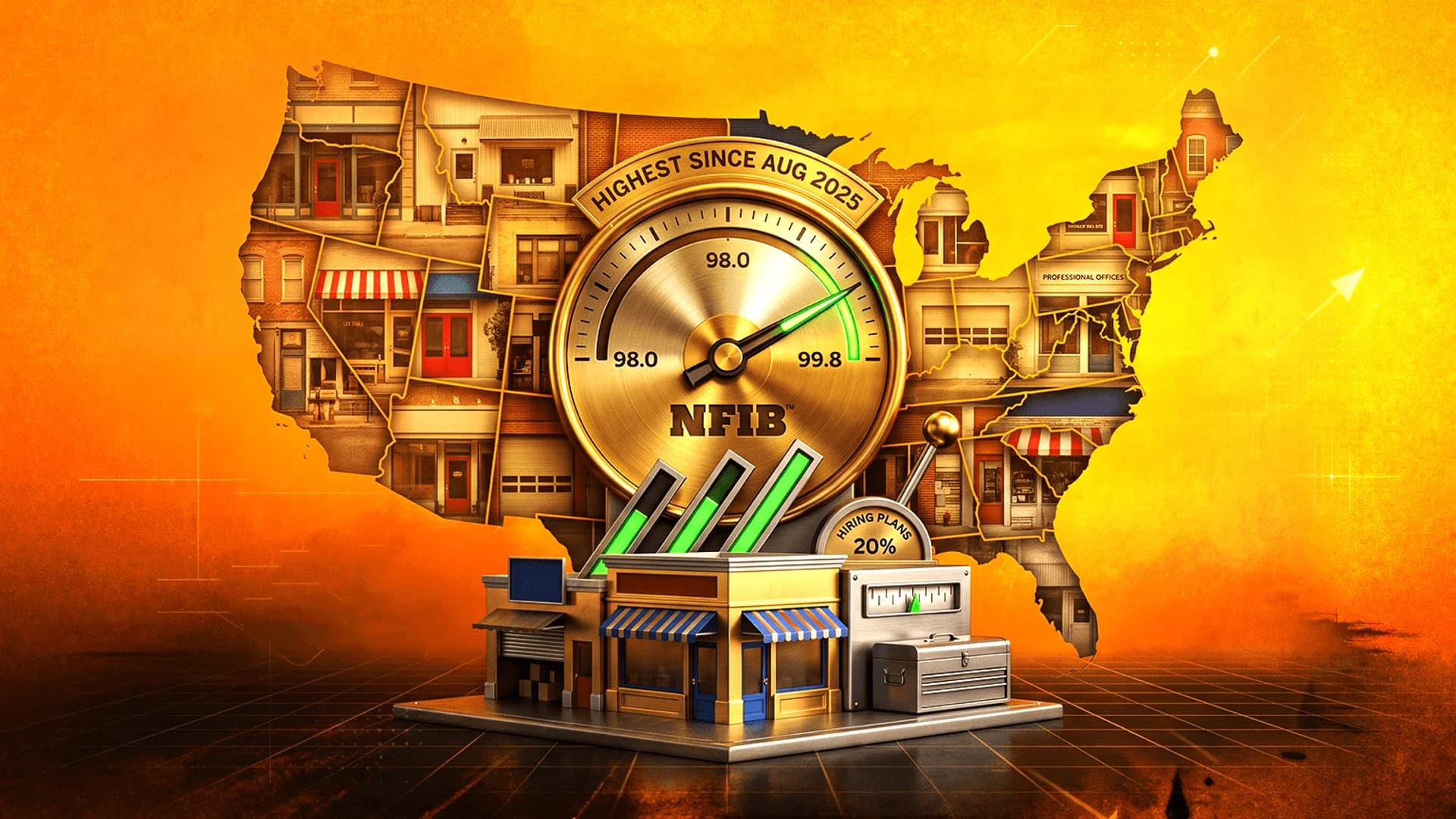 مقياس NFIB ذهبي فوق خريطة الولايات المتحدة المليئة بواجهات المتاجر، مع رسوم بيانية صاعدة ونموذج لمتجر صغير.