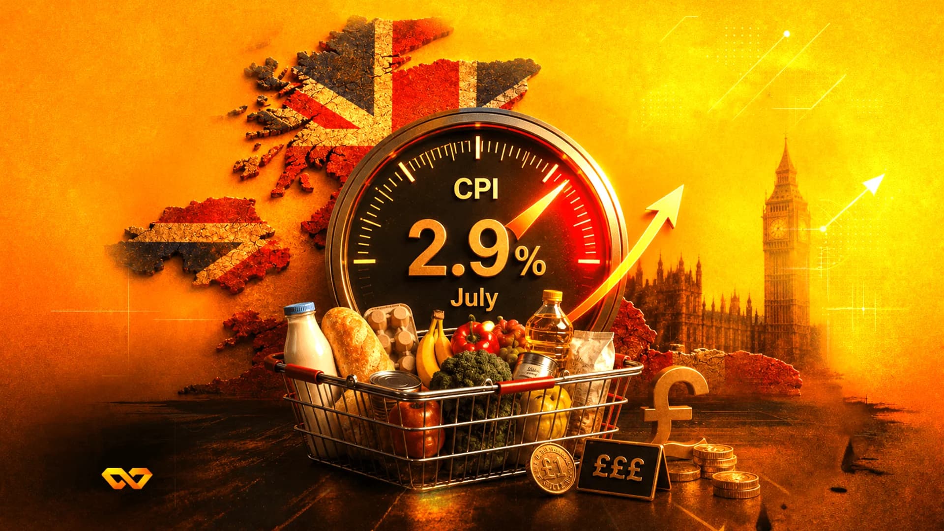 رسم توضيحي لمقياس تضخم بنسبة 2.9% فوق سلة تسوق، مع خريطة بريطانيا وساعة بيغ بن في خلفية برتقالية.