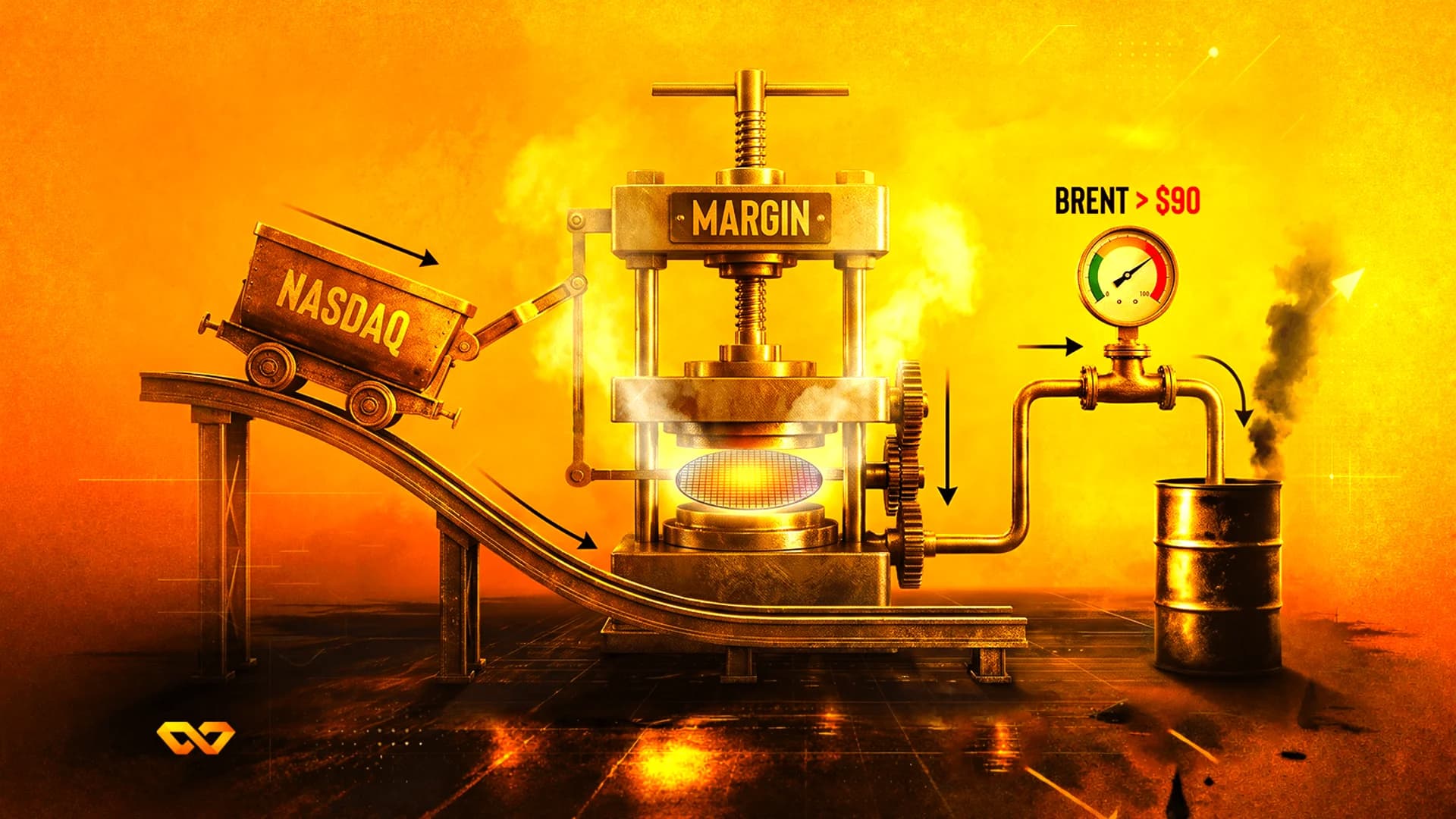 آلة ضغط صناعية ذهبية مكتوب عليها MARGIN، وعربة منجم NASDAQ على منحدر، ومقياس ضغط نفط BRENT.