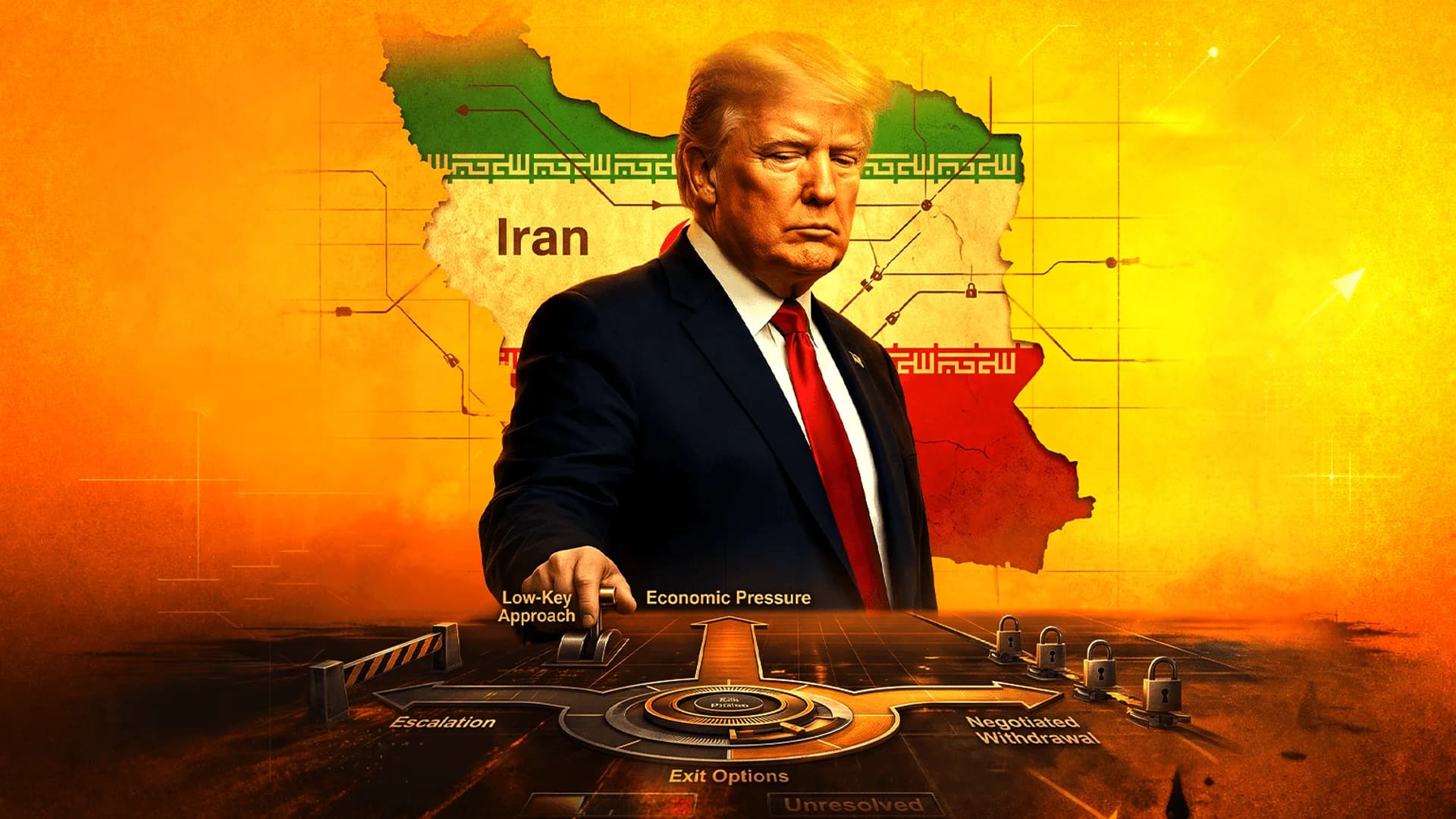 رسم توضيحي لدونالد ترامب أمام لوحة تحكم بخيارات جيوسياسية، مع خريطة لإيران في الخلفية.