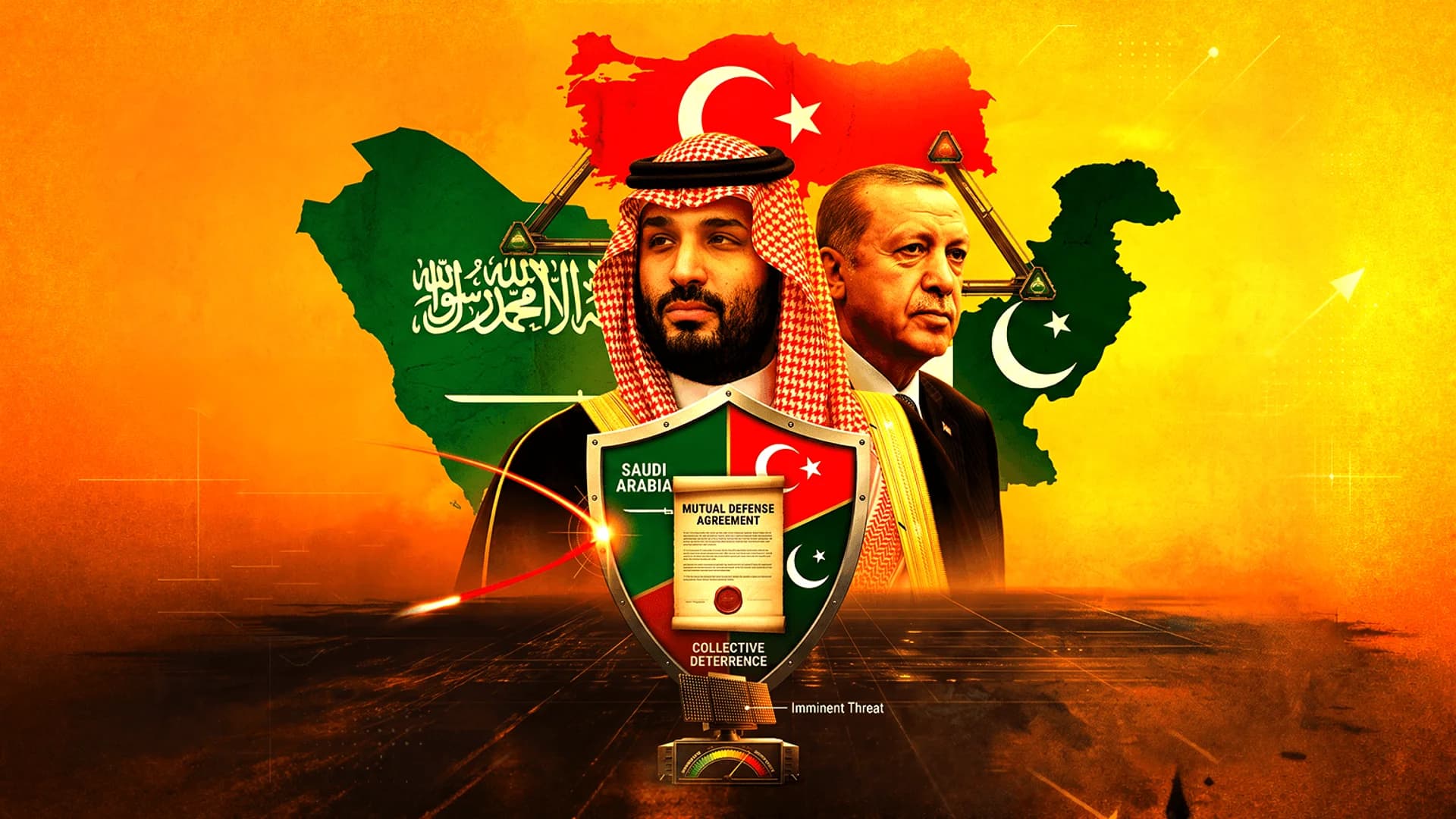 صور لمحمد بن سلمان وأردوغان فوق خرائط وأعلام السعودية وتركيا وباكستان مع درع دفاعي وسطي.