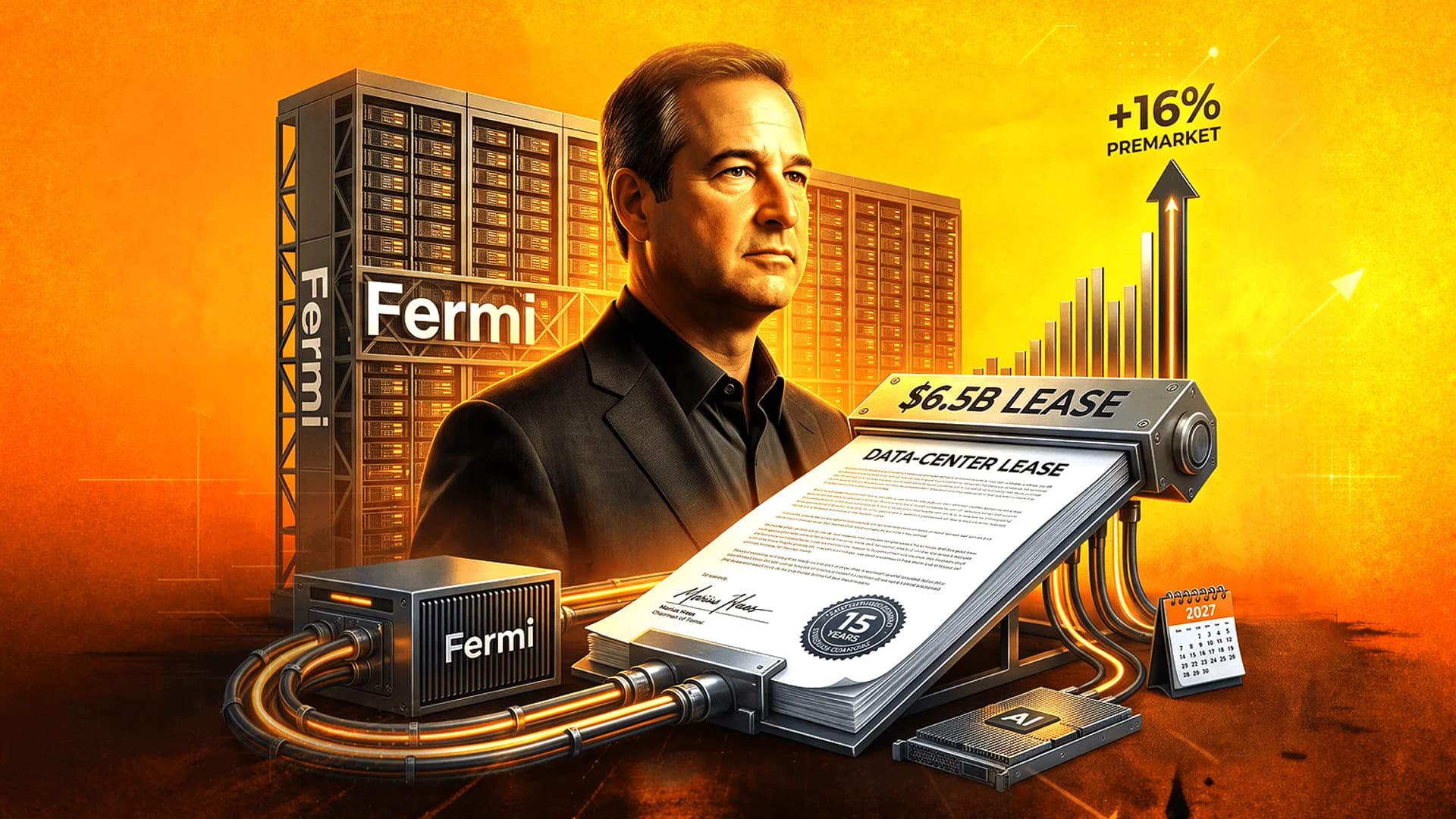 رسم توضيحي لرجل بجانب خوادم Fermi، وثيقة عقد إيجار بقيمة 6.5 مليار دولار، ورسم بياني صاعد بنسبة 16%.