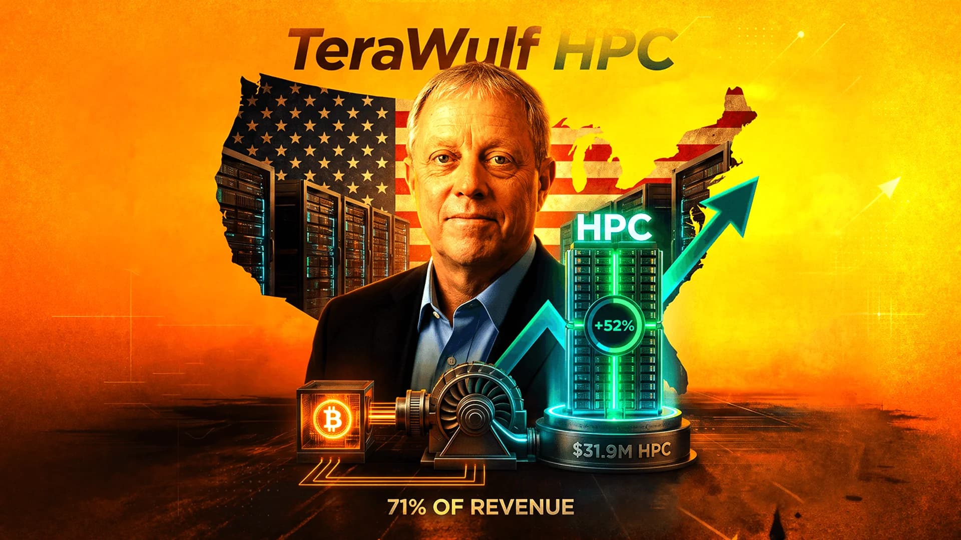 صورة لرجل مع شعار TeraWulf، وأيقونة بيتكوين، ورفوف خوادم، ورسوم بيانية للبيانات على خلفية برتقالية.
