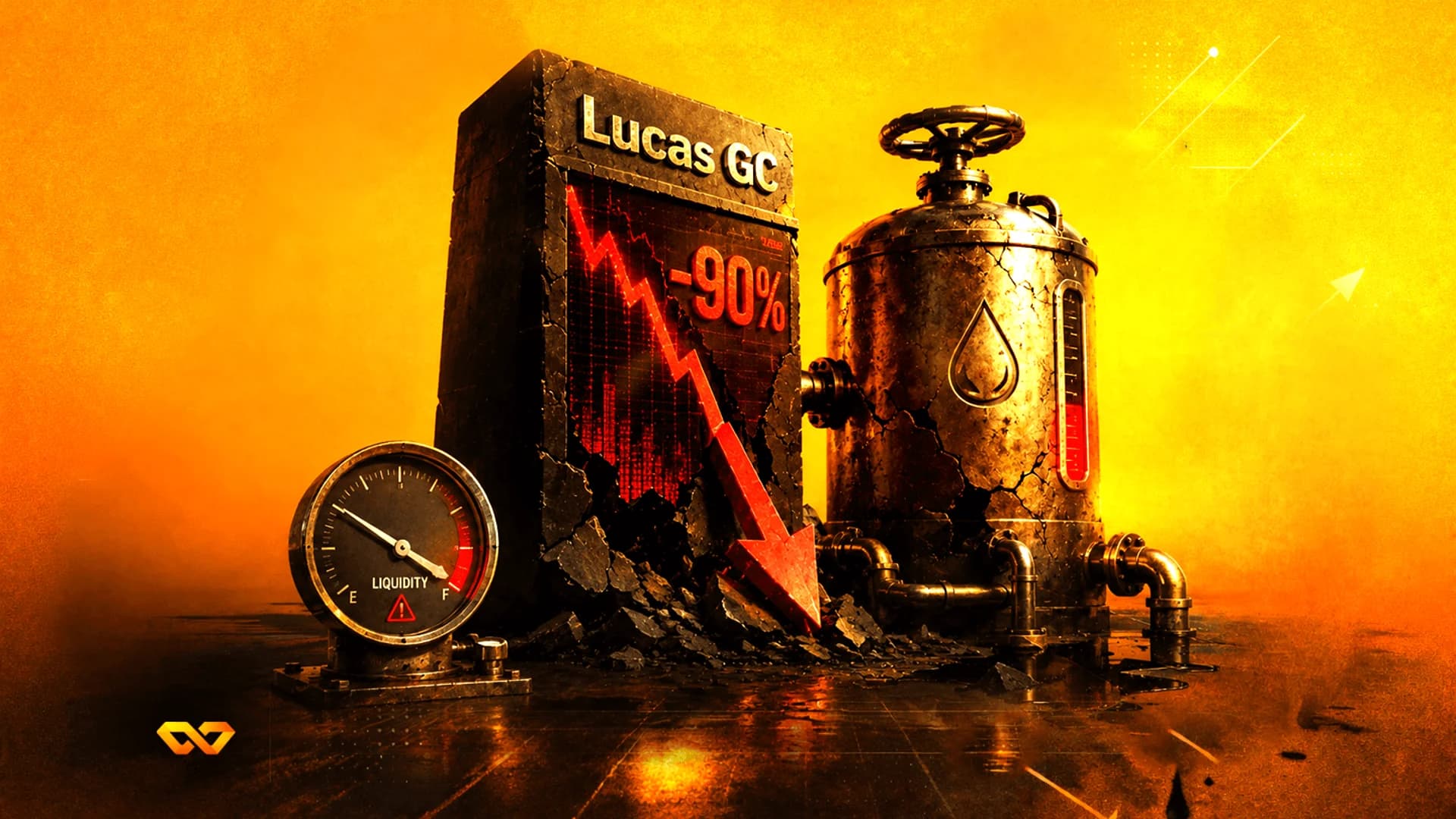 مشهد صناعي يظهر كتلة حجرية مكتوب عليها Lucas GC مع رسم بياني أحمر بنسبة -90% ومقياس سيولة منخفض.