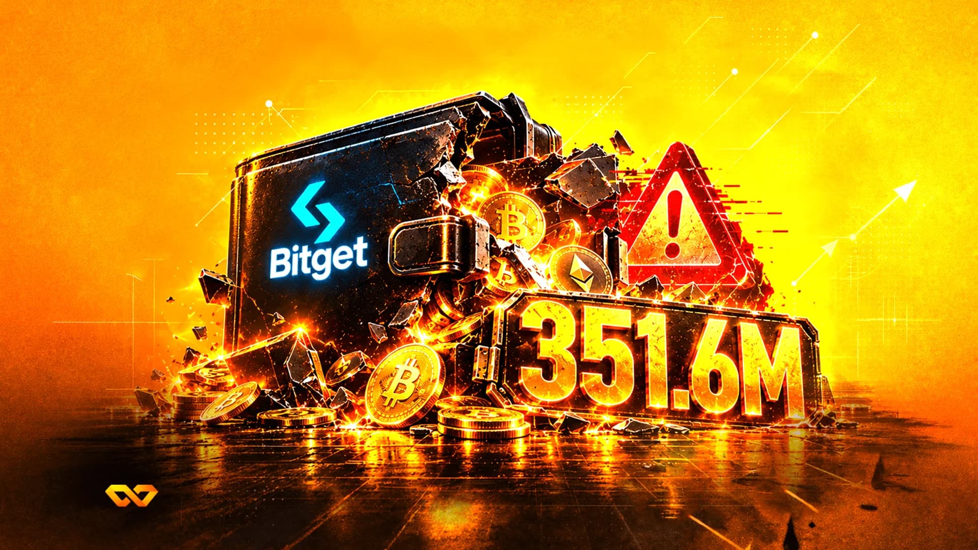 محفظة سوداء عليها شعار Bitget تتحطم، وتتساقط منها عملات ذهبية بجانب علامة 351.6M متوهجة كبيرة.