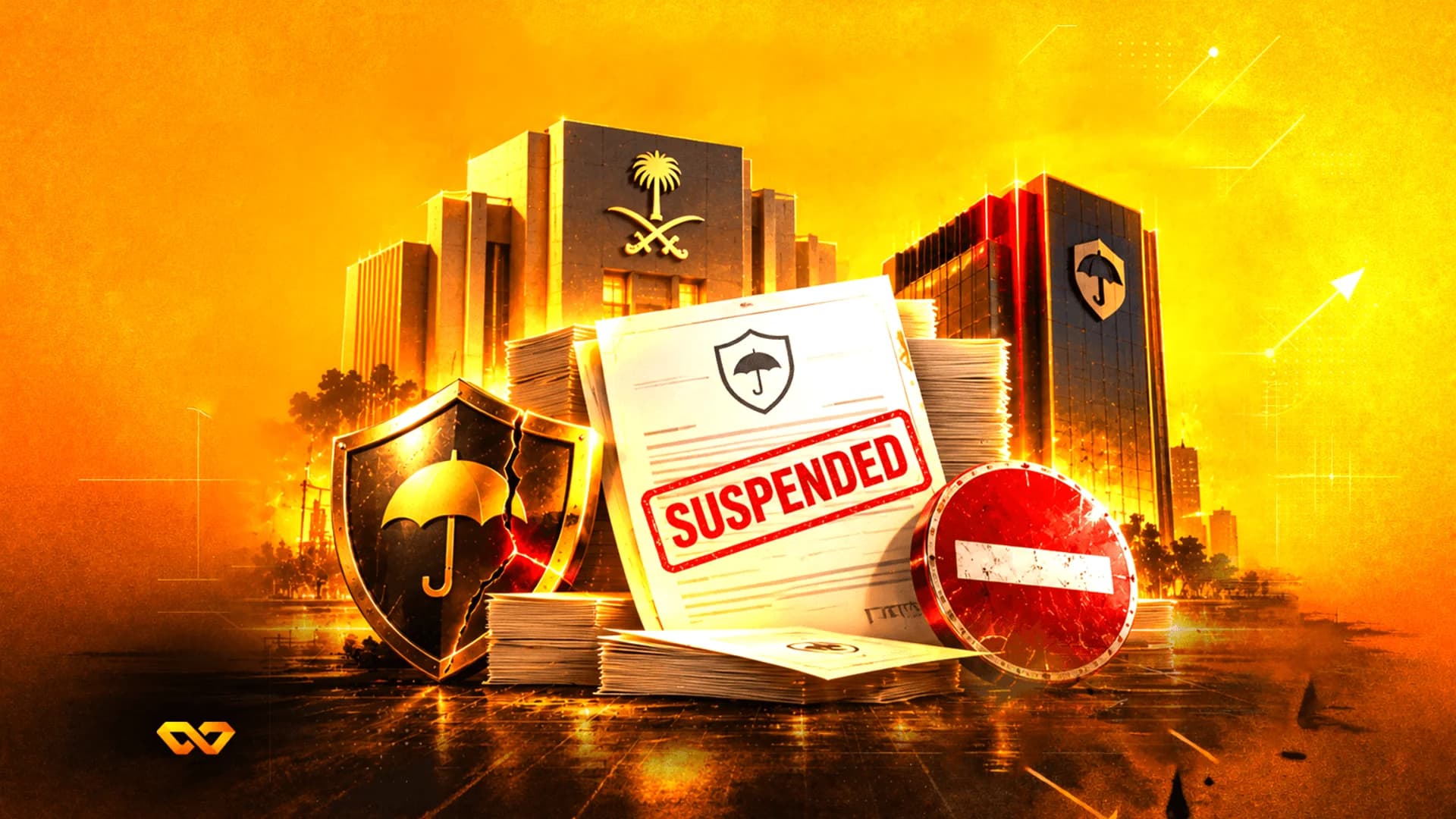 وثيقة مختومة بكلمة 'موقوف' أمام مبانٍ سعودية ودرع مكسور عليه شعار مظلة.