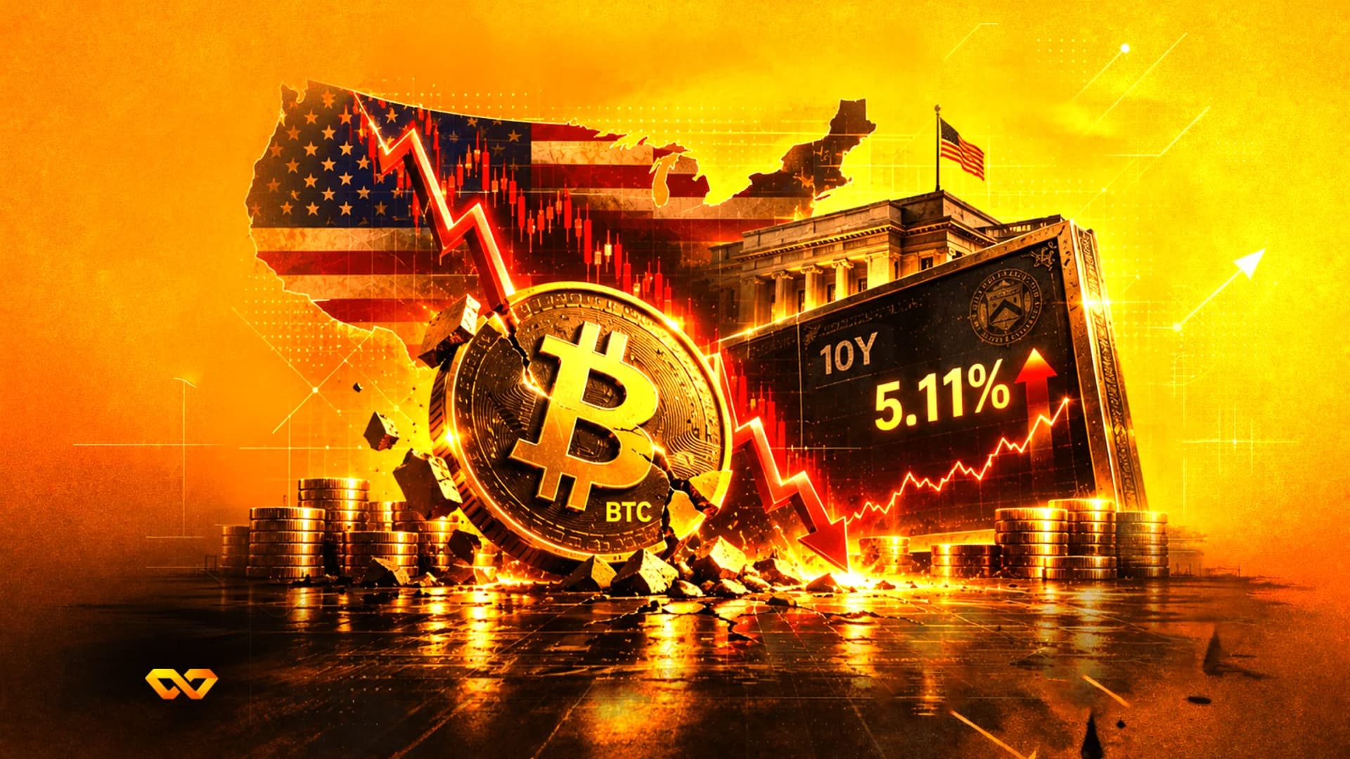 عملة بيتكوين تتحطم بسهم أحمر هابط أمام خريطة الولايات المتحدة ولوحة تظهر عائداً بنسبة 5.11%.