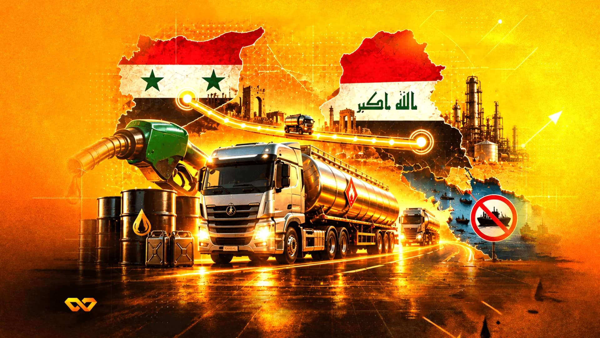 رسم توضيحي لشاحنة صهريج نفط بين خريطتي سوريا والعراق، مع براميل نفط ومضخة وقود.