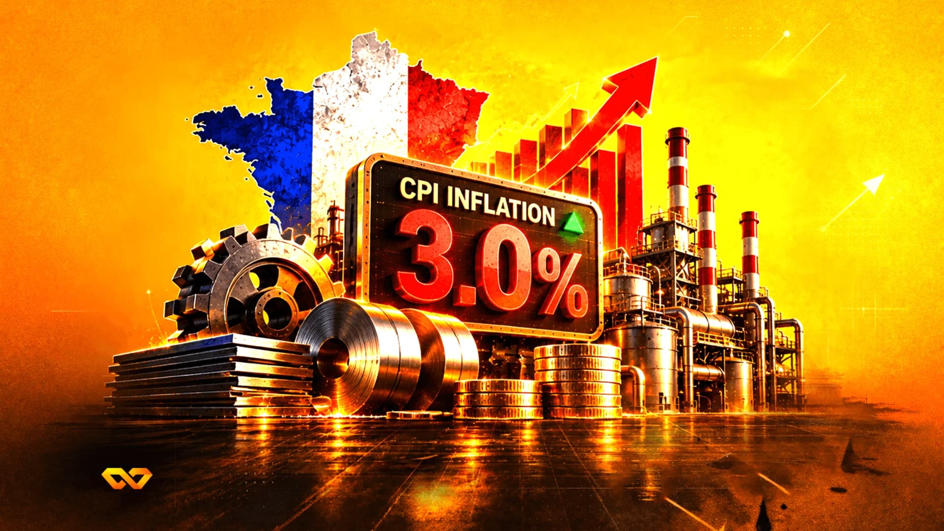 خريطة فرنسا بألوان العلم، لوحة تضخم بنسبة 3.0%، مصنع صناعي، وسهم أحمر صاعد.