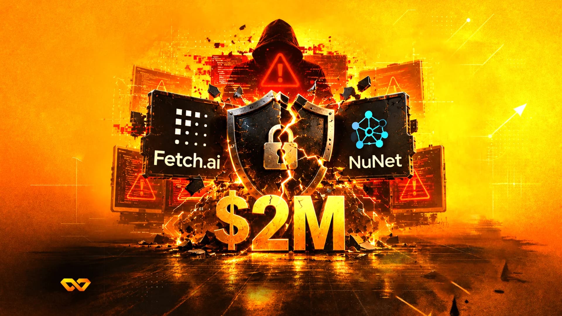 صورة ظلية لمخترق مقنع خلف درع مكسور، شعارات Fetch.ai وNuNet، ونص 2 مليون دولار على خلفية برتقالية نارية.