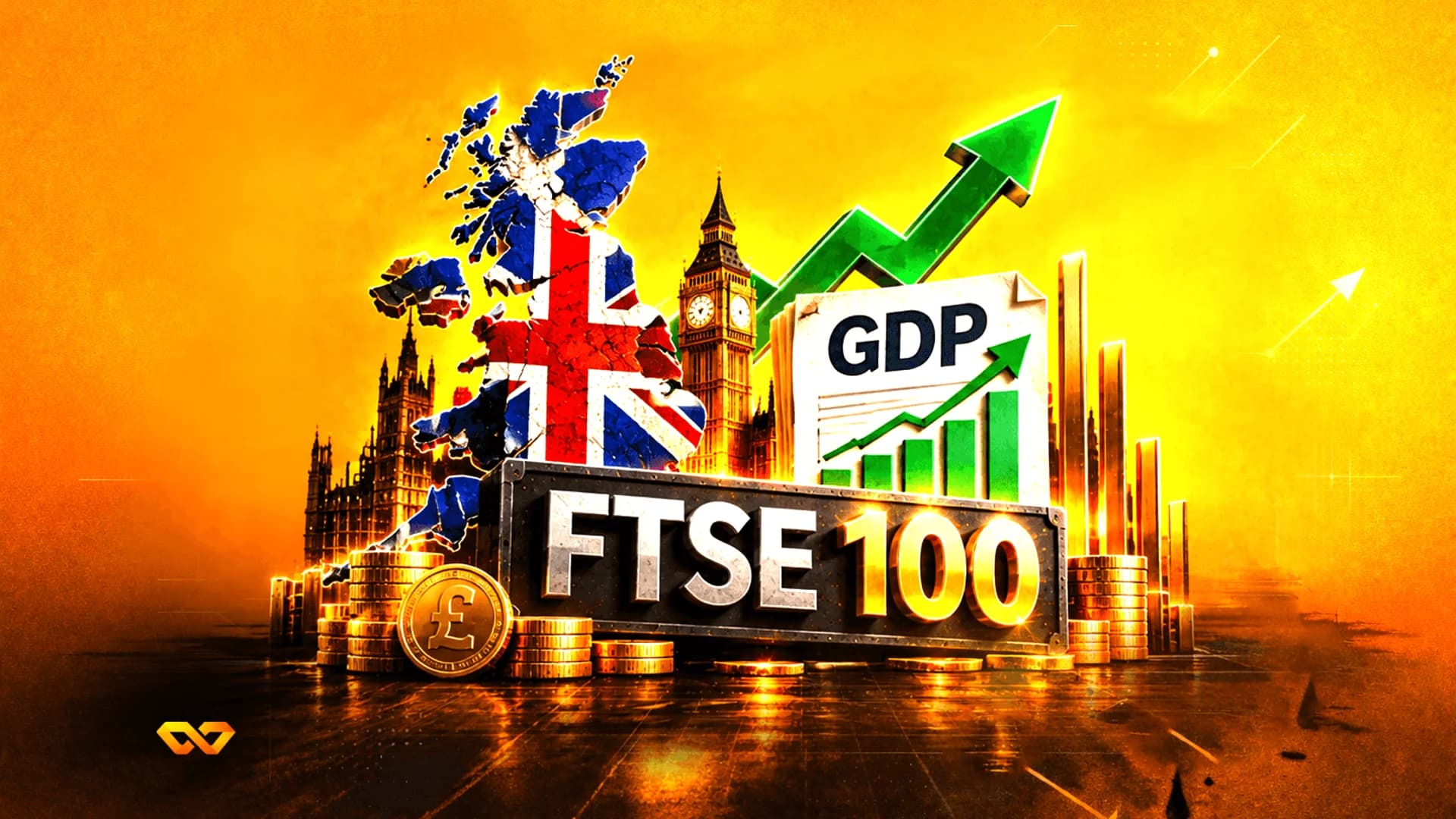 خريطة بريطانيا، ساعة بيغ بن، لافتة FTSE 100، رسم بياني للناتج المحلي وأسهم خضراء صاعدة على خلفية برتقالية.