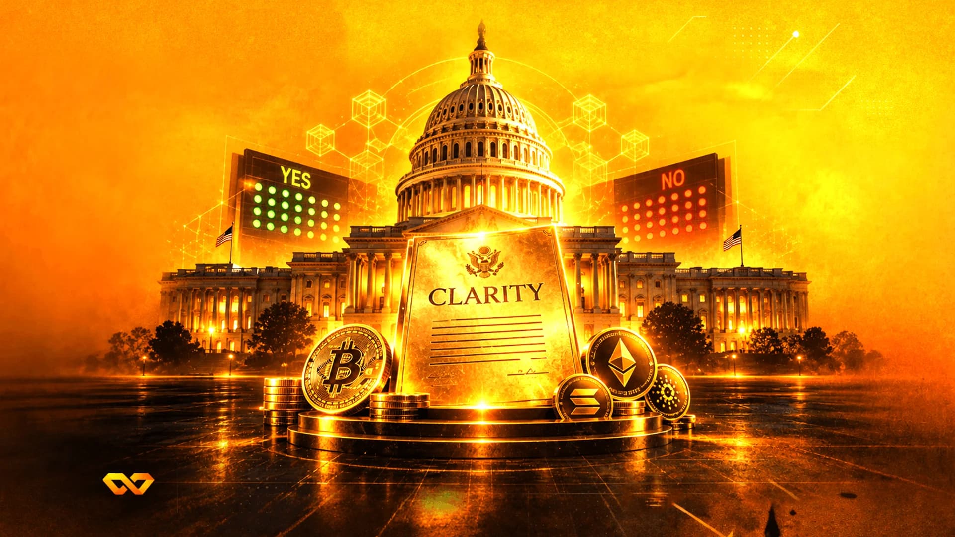 مبنى الكابيتول الأمريكي باللون الذهبي مع لوحة 'CLARITY' وعملات بيتكوين وإيثيريوم وسولانا وكاردانو.
