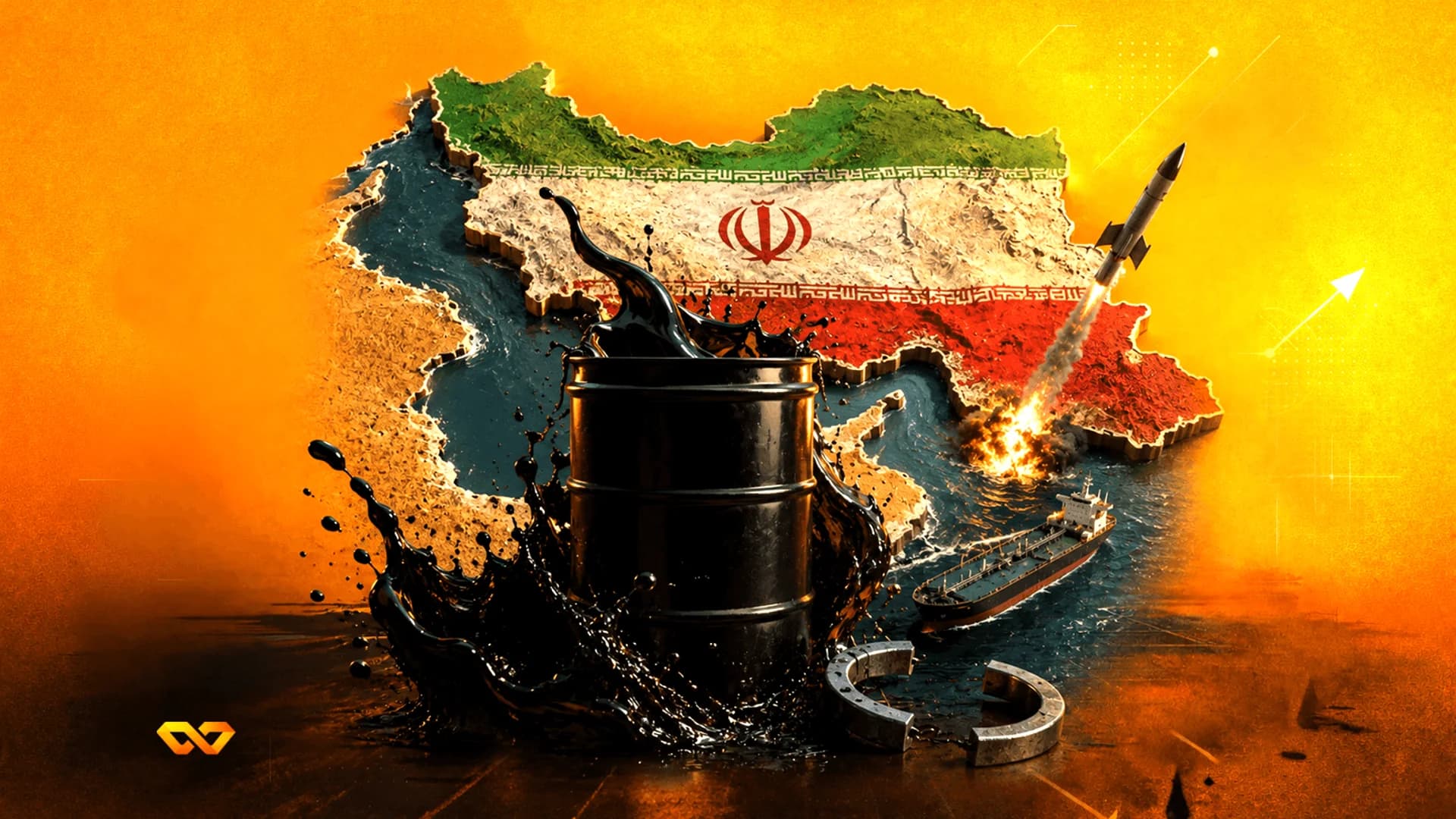 خريطة لإيران مع العلم، برميل نفط يفيض، صاروخ ينطلق، وناقلة نفط على خلفية برتقالية.