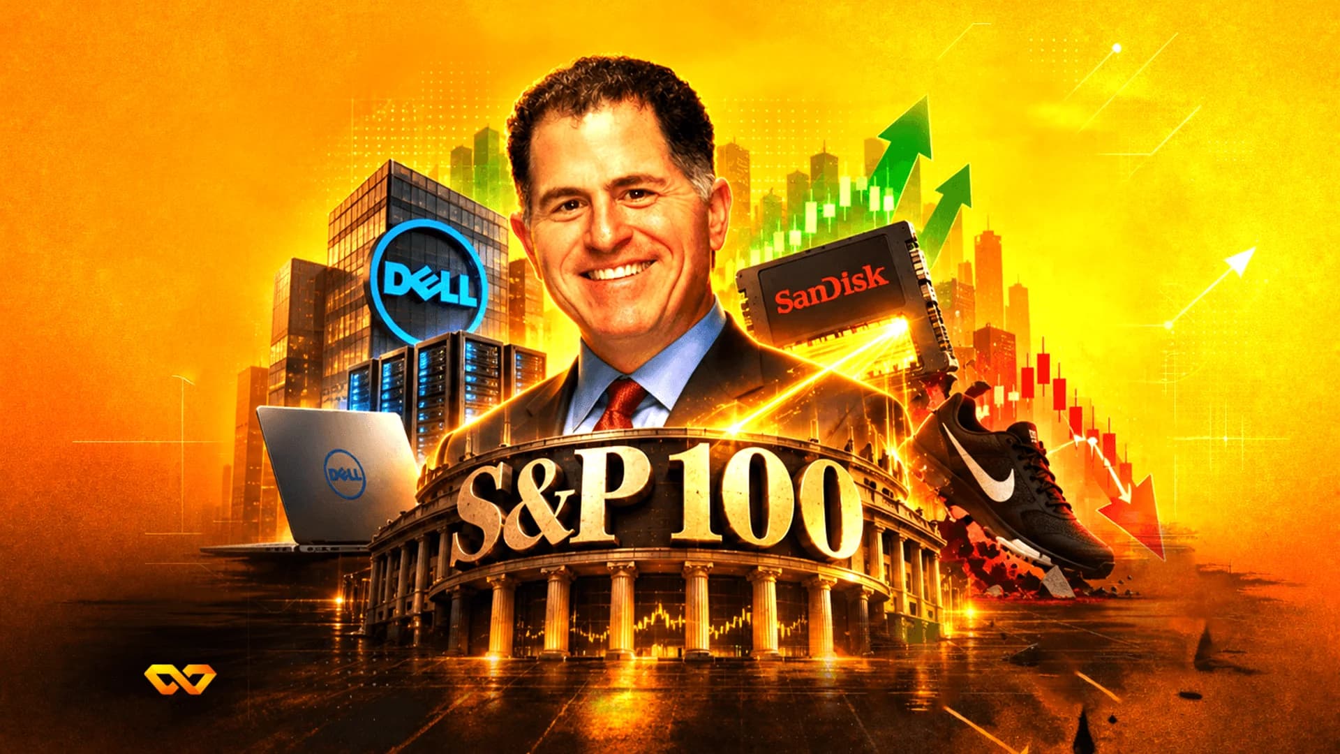 كولاج رقمي يضم مايكل ديل، وشعارات شركات، وحذاء نايكي، ونص S&P 100 مقابل مشهد مدينة برتقالي.