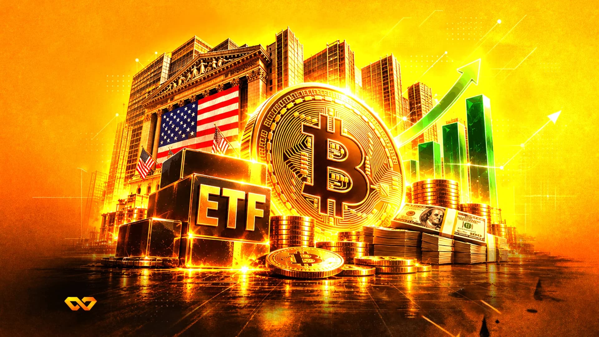 عملة بيتكوين ذهبية بجانب مكعب ETF، ورزم نقود، ومبنى بورصة عليه أعلام الولايات المتحدة.