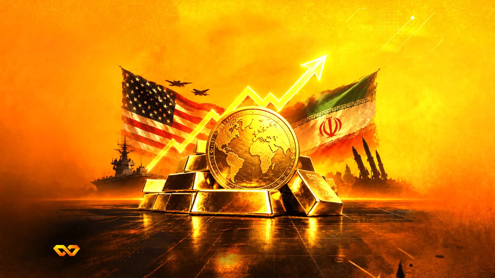 سبائك ذهب وعملة خريطة العالم بين علمي الولايات المتحدة وإيران مع صور ظلية عسكرية على خلفية برتقالية.