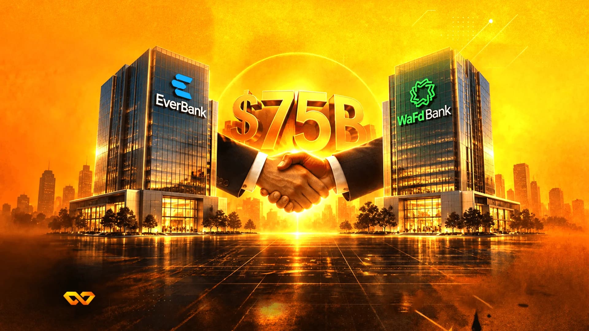 مصافحة بين مبنيي بنك EverBank وWaFd Bank مع علامة 75 مليار دولار ذهبية كبيرة في الخلفية.