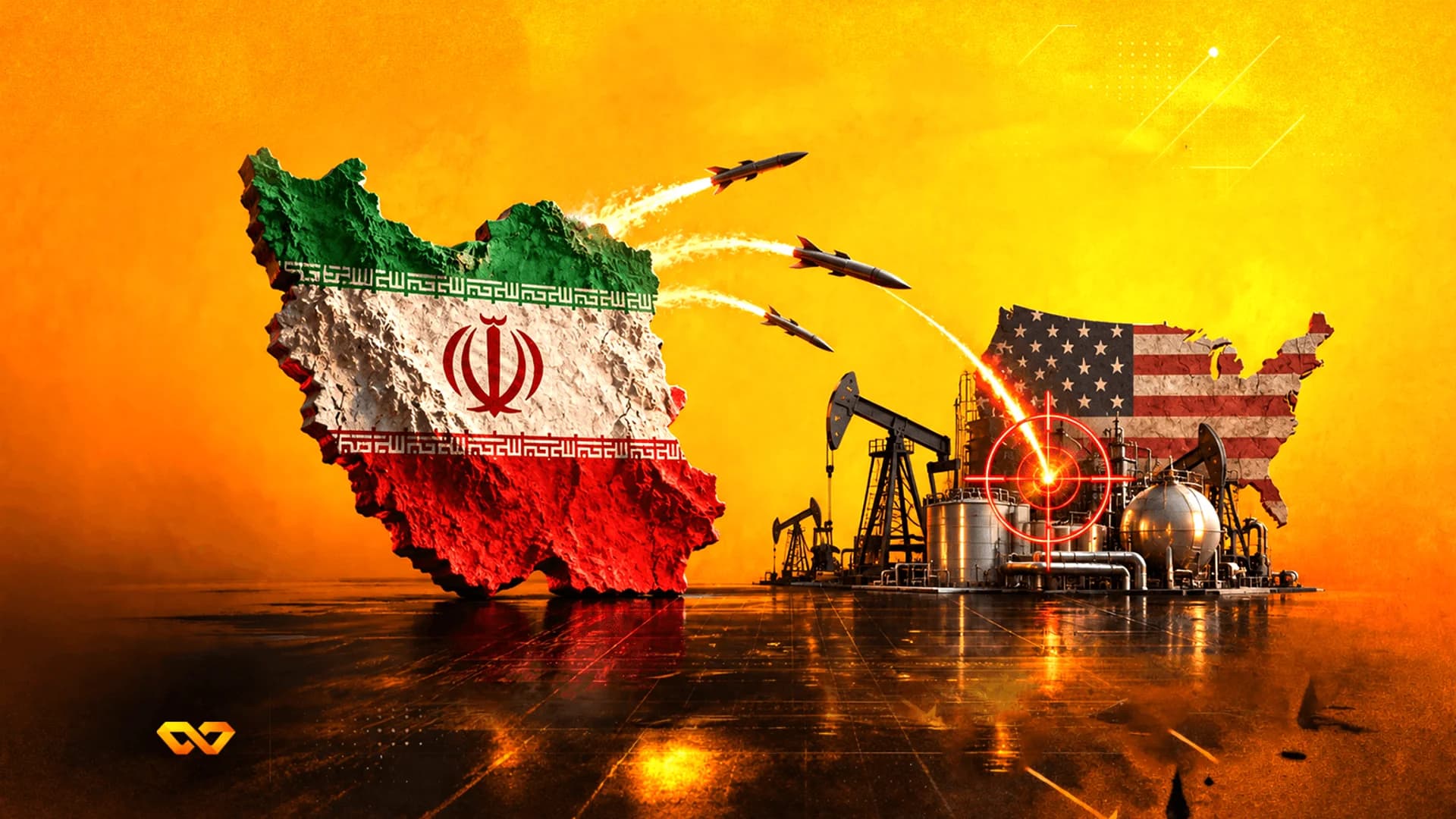 خريطة لإيران تطلق صواريخ على مصفاة نفط أمام خريطة لعلم الولايات المتحدة على خلفية برتقالية.