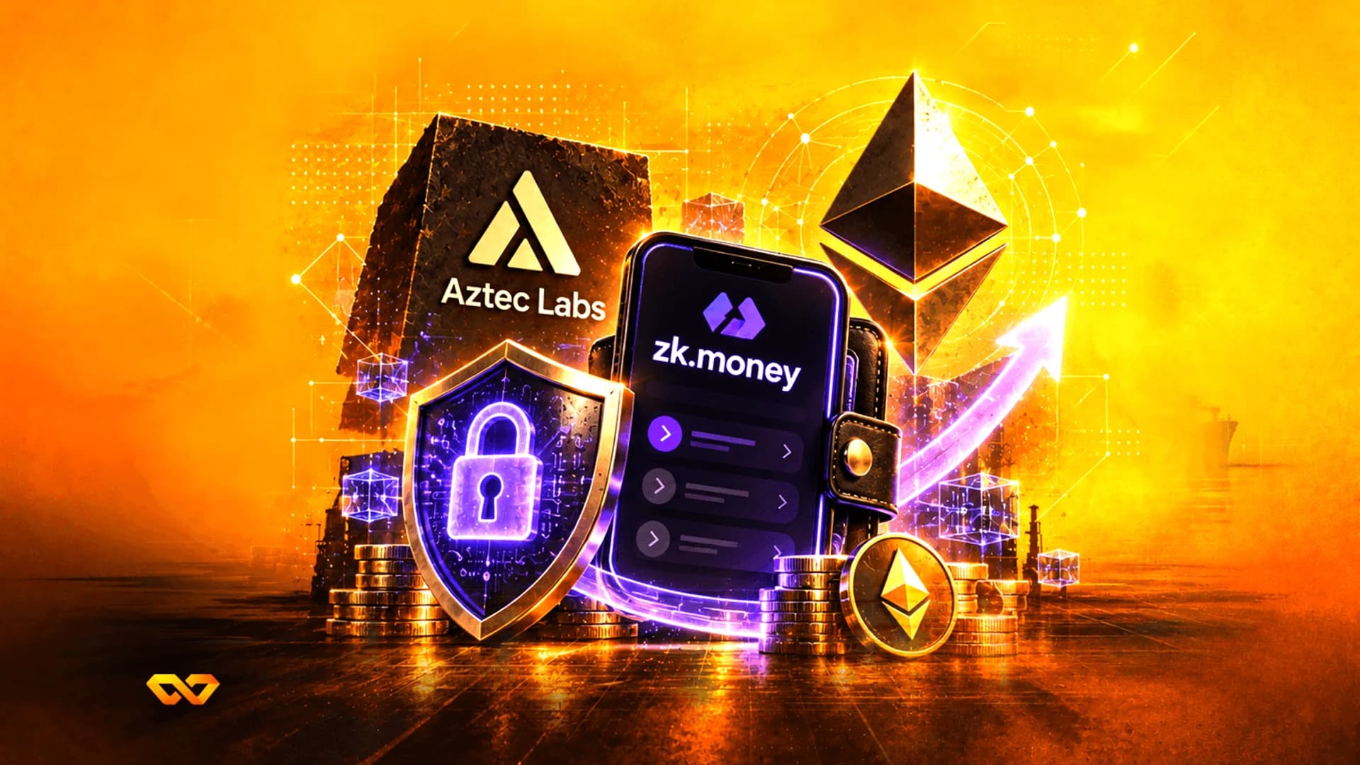 رسم رقمي لشعارات Aztec Labs وzk.money مع رمز إيثيريوم ودرع حماية وأكوام من العملات.