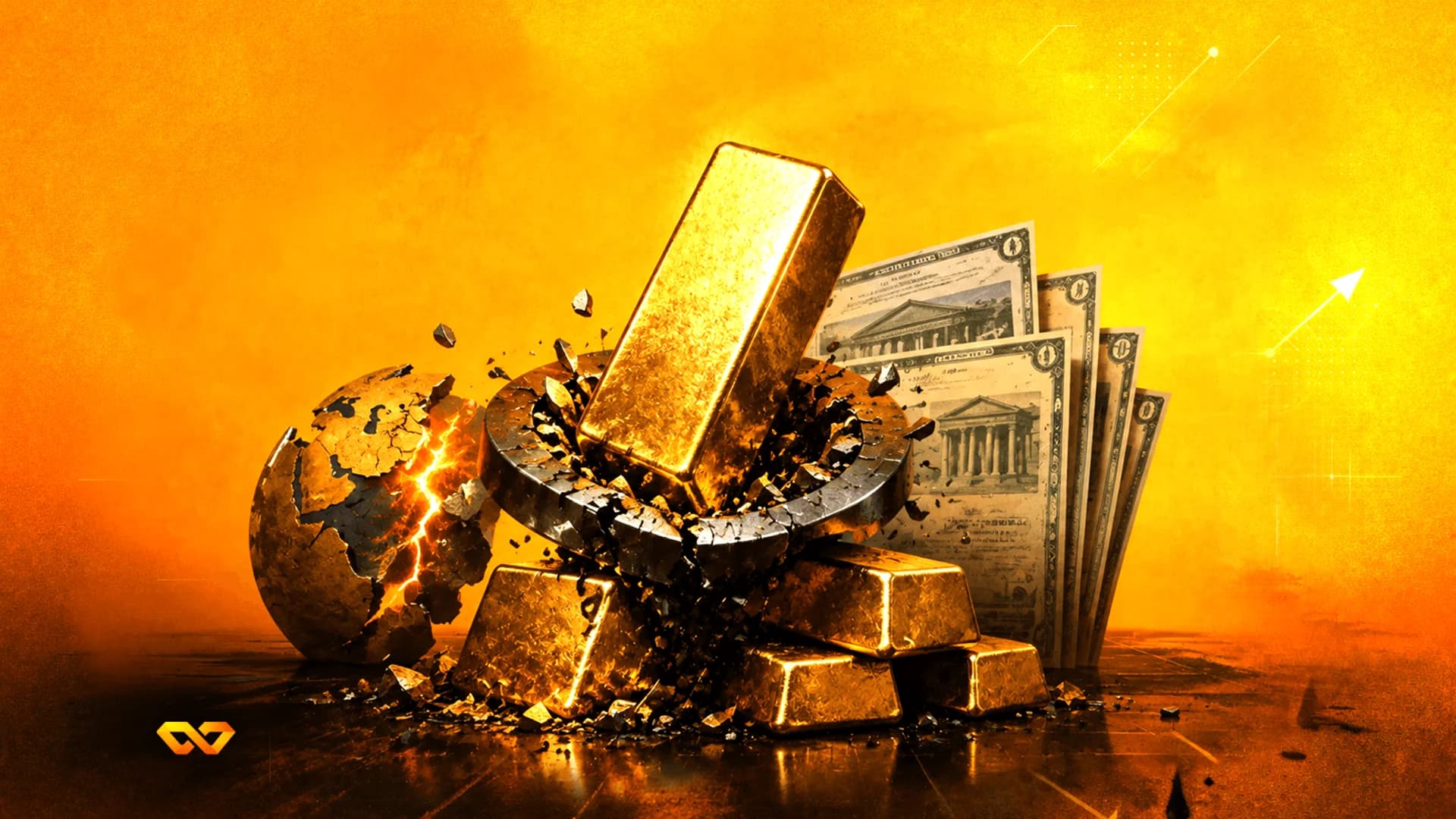 سبائك ذهب وأوراق نقدية قديمة بجانب كرة أرضية متصدعة تشع ضوءاً على خلفية برتقالية.