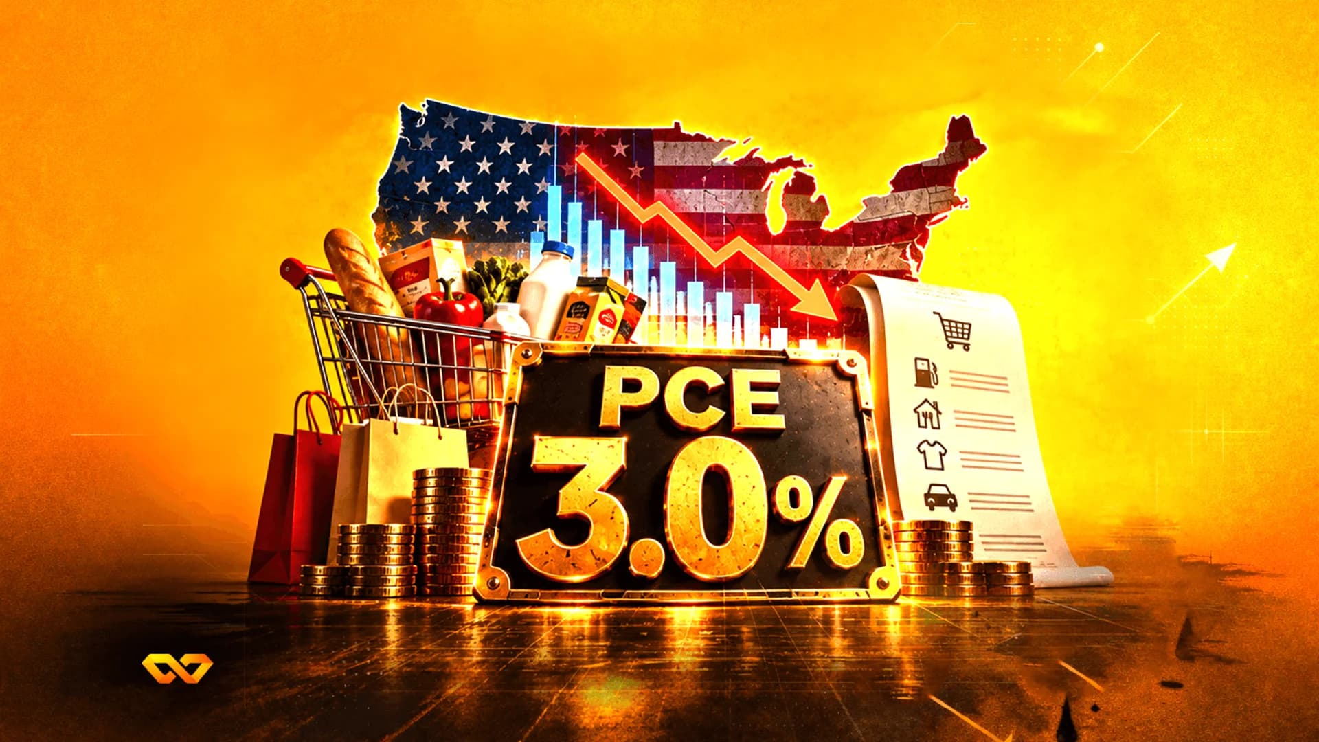 لوحة مكتوب عليها PCE 3.0% أمام خريطة أمريكا، عربة تسوق، عملات معدنية، ورسم بياني هابط على خلفية صفراء.