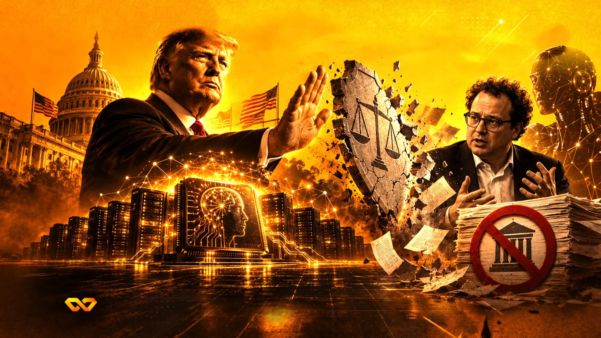 كولاج رقمي لدونالد ترامب ومبنى الكابيتول ودرع عدالة مكسور وخوادم ذكاء اصطناعي بنغمات برتقالية.