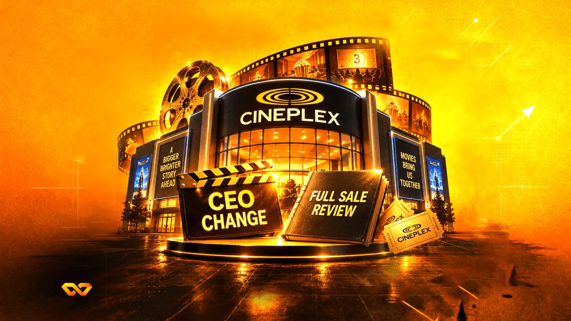 مبنى سينما Cineplex منمق مع بكرة فيلم ولوحة تصوير مكتوب عليها 'تغيير المدير التنفيذي' وكتاب على منصة مضيئة.