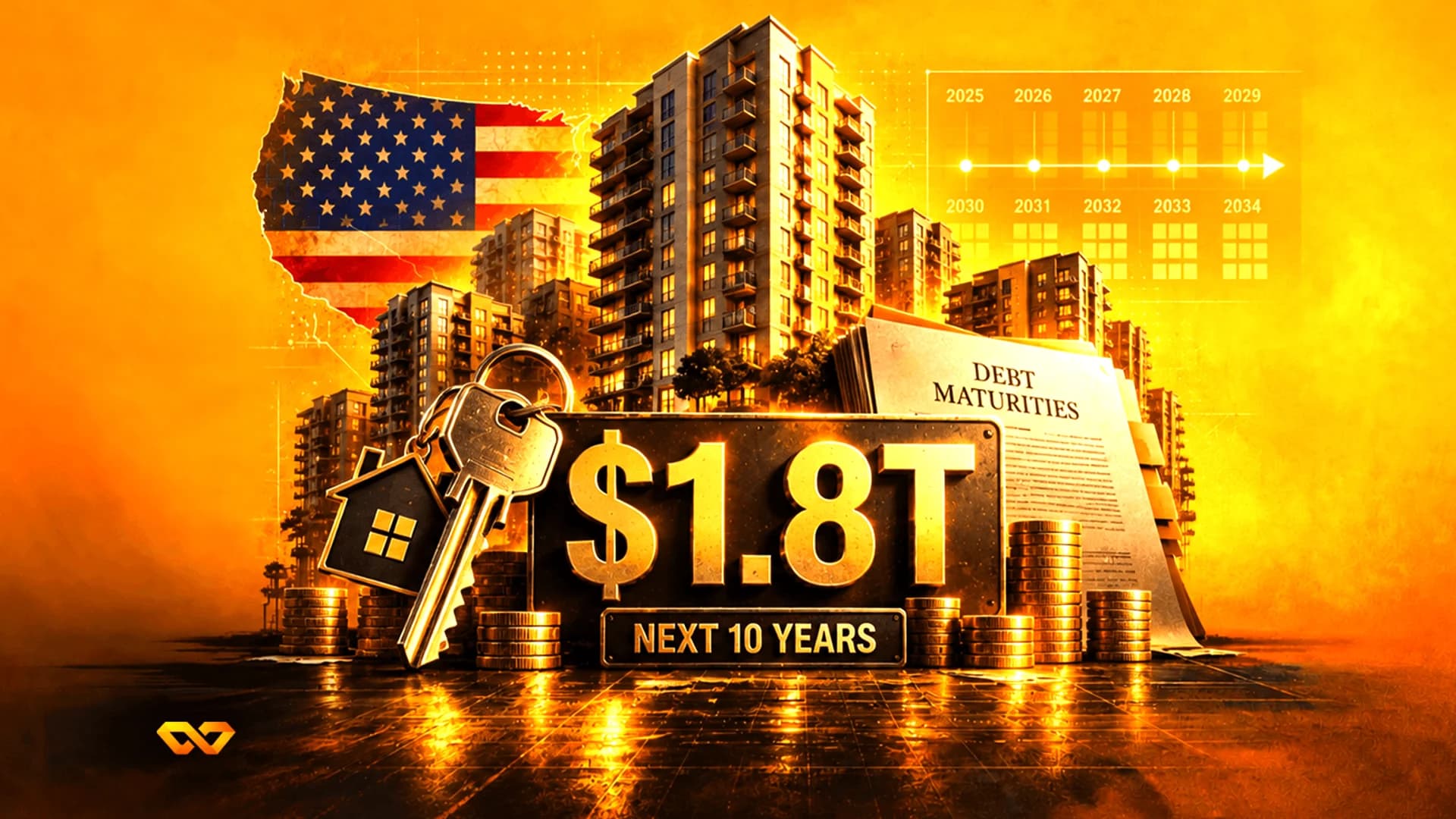 رسم توضيحي لعلم أمريكا ومباني سكنية ومفاتيح مع نص 1.8 تريليون دولار للسنوات العشر القادمة.