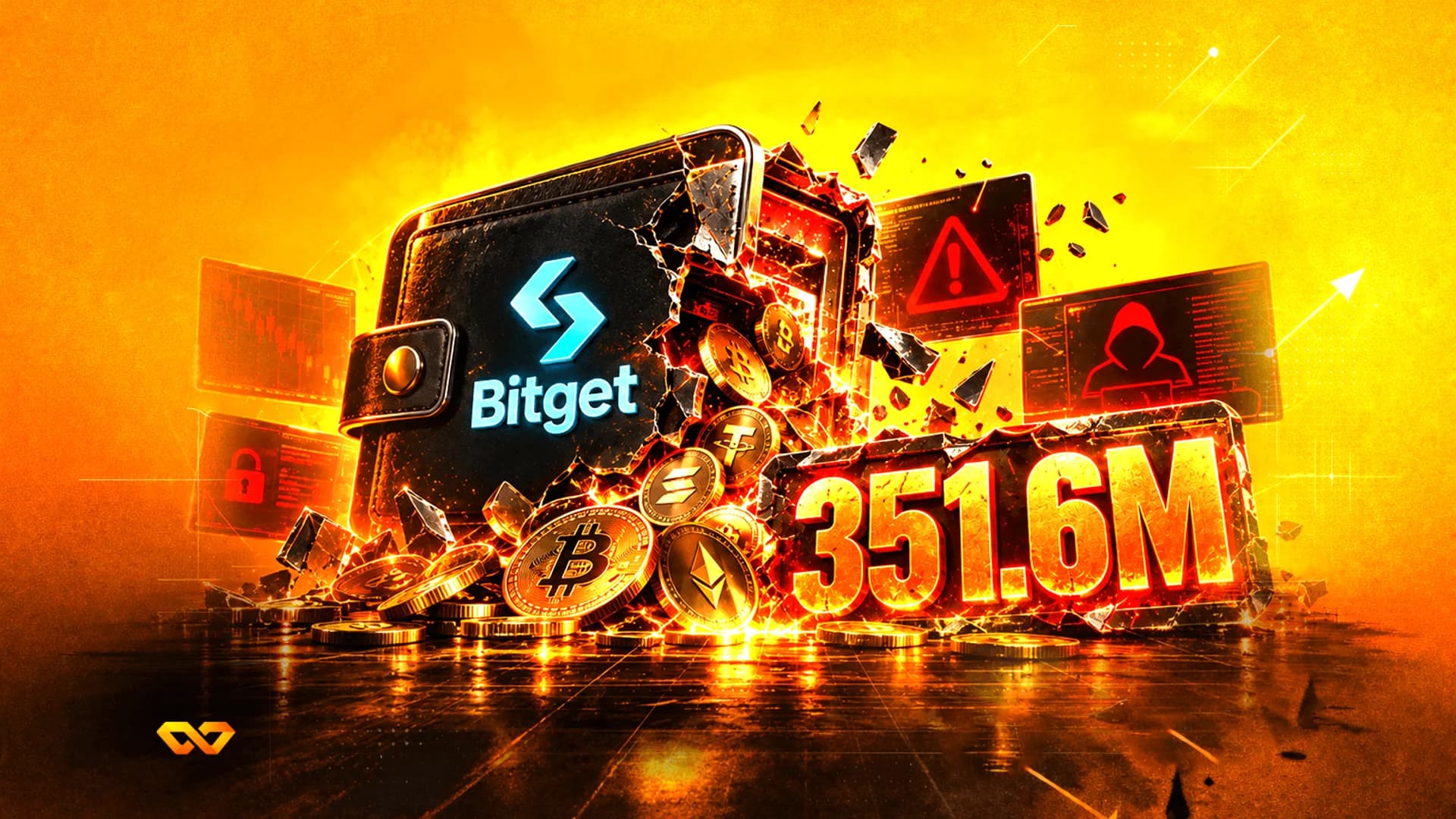 محفظة سوداء عليها شعار Bitget تنفجر وتخرج منها عملات مشفرة بجانب رقم 351.6M متوهج.
