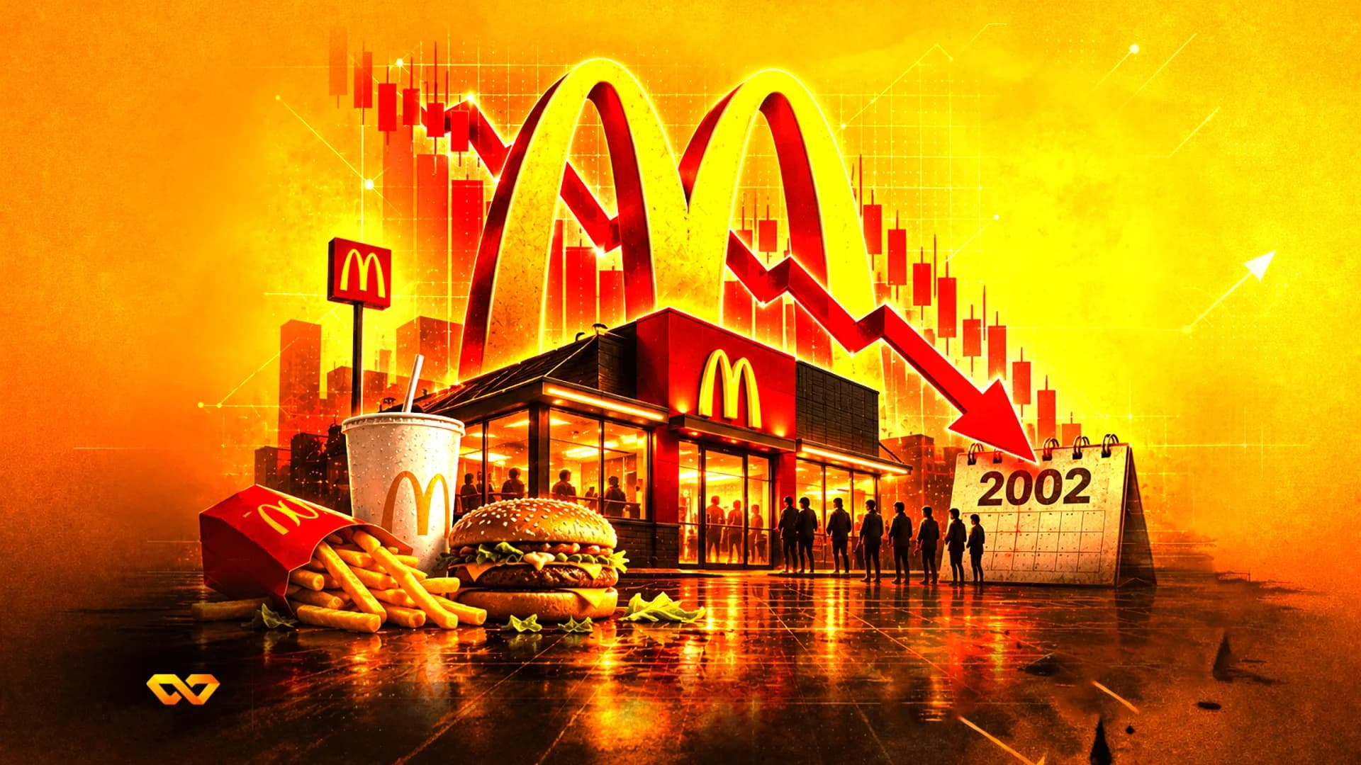 مطعم ماكدونالدز ووجبات أمام مخطط أسهم هابط وتقويم لعام 2002.