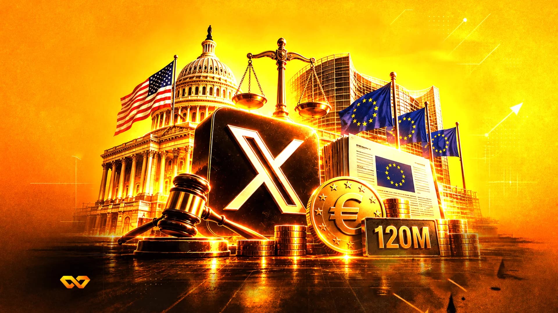 كولاج رقمي يضم مبنى الكابيتول الأمريكي، وأعلام الاتحاد الأوروبي، وشعار X كبير، ومطرقة قاضٍ، وعلامة 120M على خلفية ذهبية.