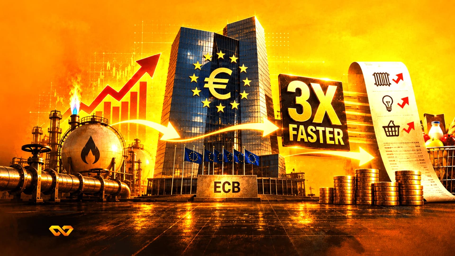 مبنى البنك المركزي الأوروبي مع رمز اليورو، ومنشأة غاز صناعية، ورسوم بيانية صاعدة، وأكوام من العملات المعدنية.