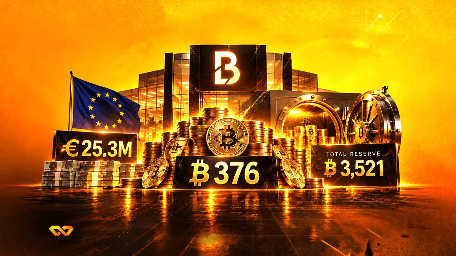 رسم توضيحي ذهبي لبنك بيتكوين مع علم الاتحاد الأوروبي، وأكوام من العملات المعدنية، وأرقام الاحتياطي.