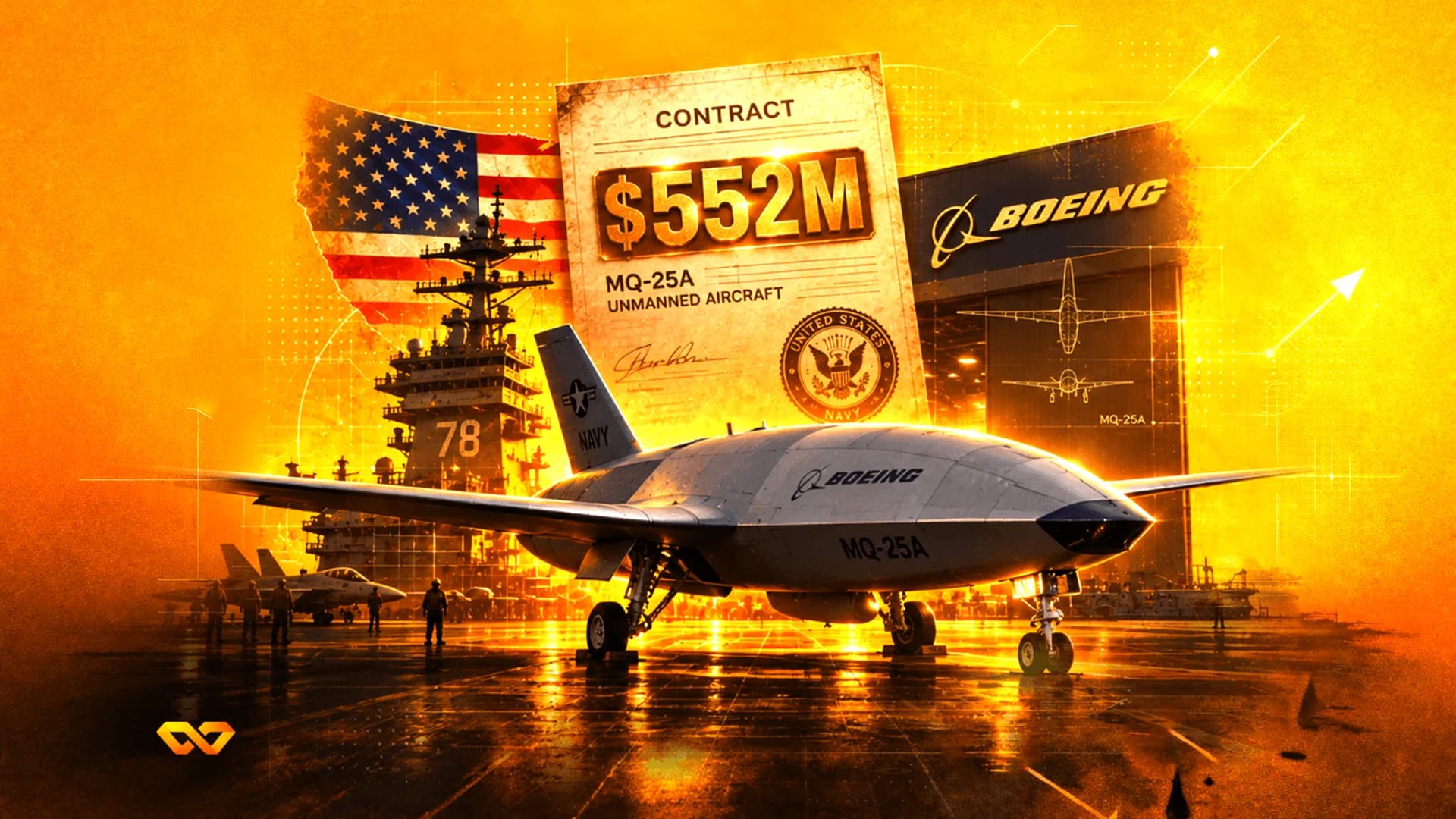 طائرة بوينغ MQ-25A بدون طيار على سطح حاملة طائرات مع وثيقة عقد بقيمة 552 مليون دولار وعلم الولايات المتحدة.