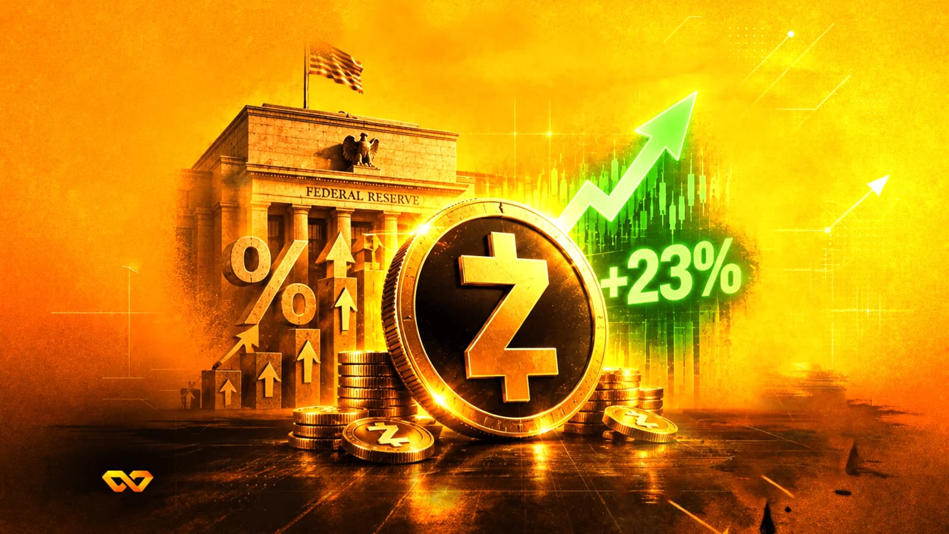 عملة ذهبية بشعار Z أمام مبنى الاحتياطي الفيدرالي، مع سهم أخضر صاعد ونسبة +23%.