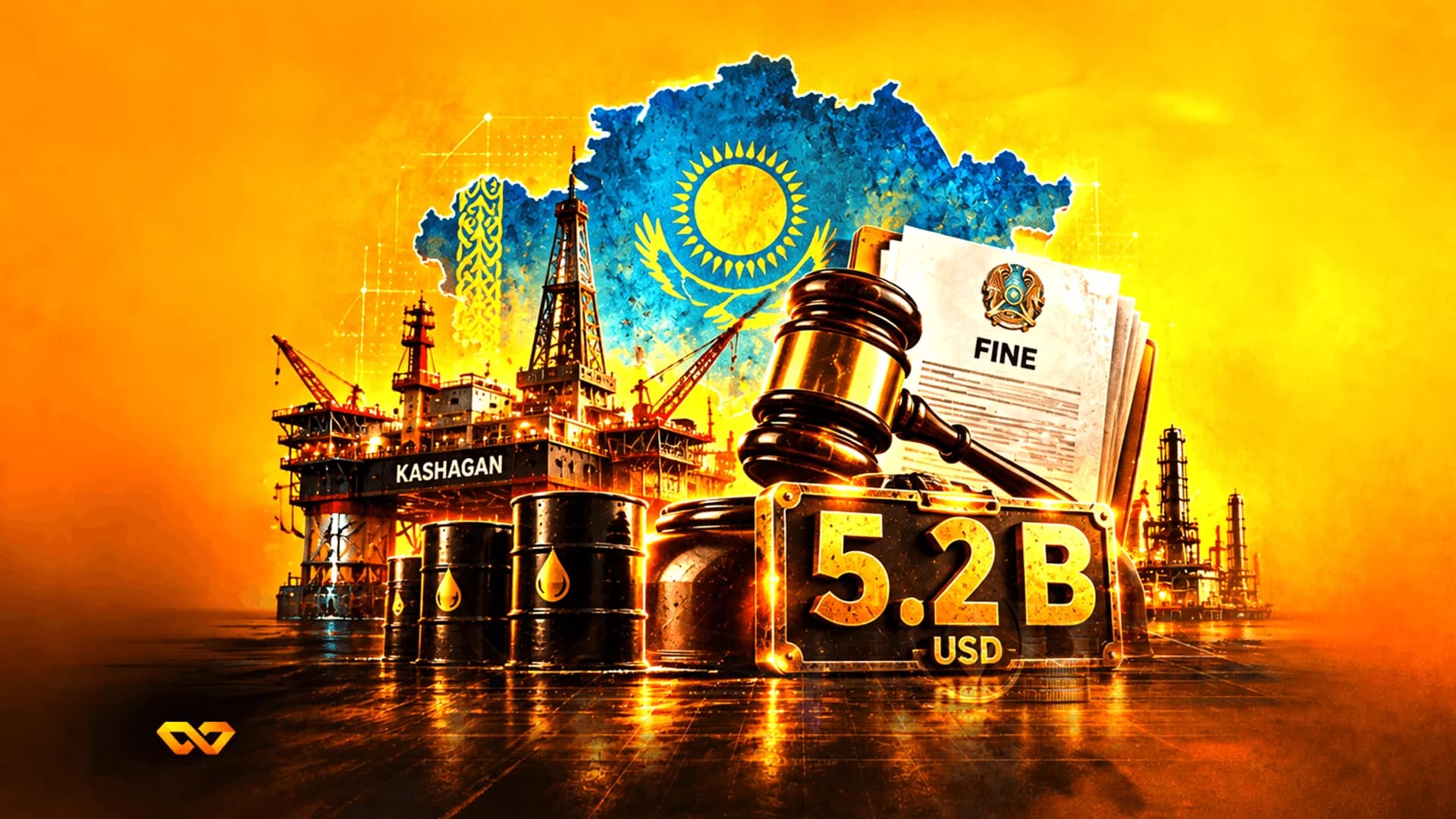 منصة نفط وبراميل ومطرقة قاضٍ بجوار لافتة بقيمة 5.2 مليار دولار فوق خريطة كازاخستان.