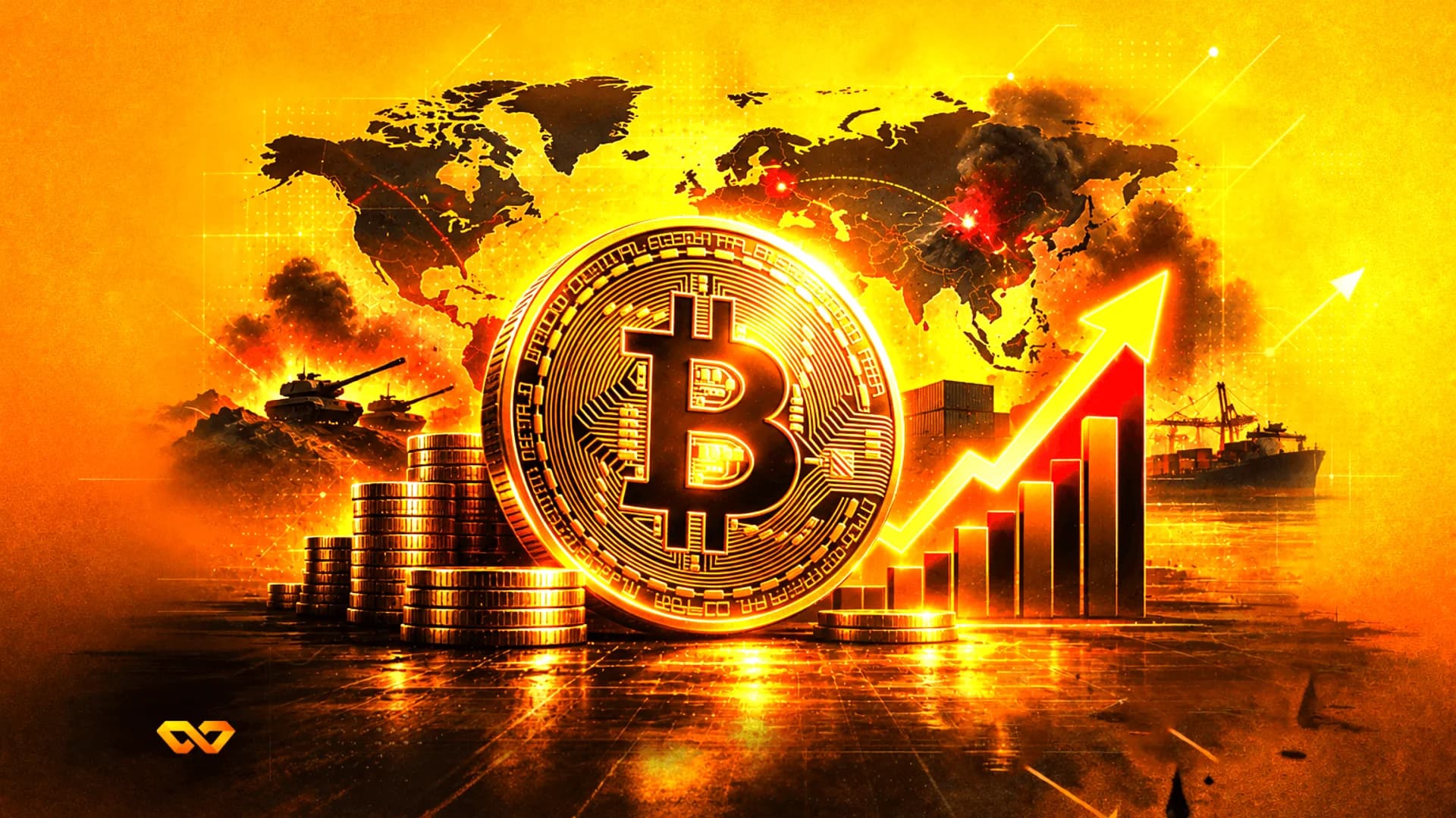 عملة بيتكوين ذهبية تتوسط خريطة العالم مع دبابات وانفجارات ورسم بياني صاعد بألوان برتقالية نارية.