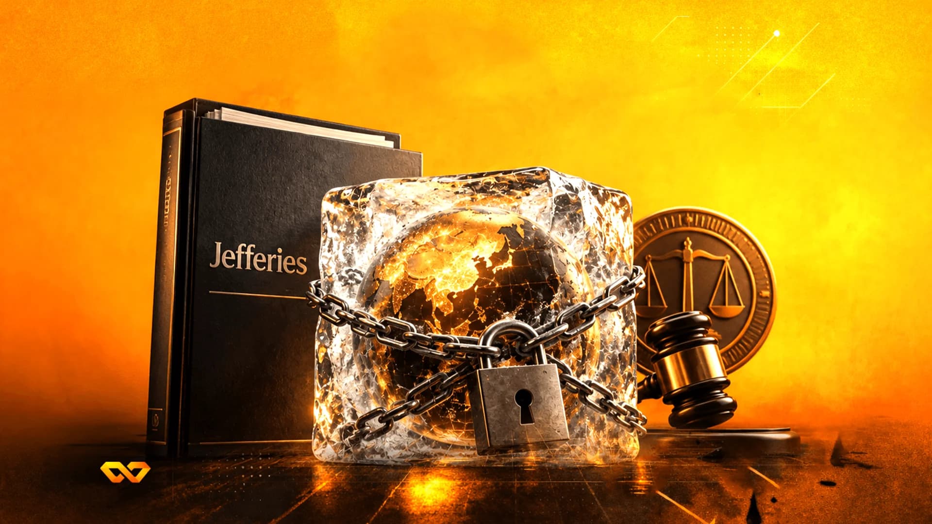 كتاب أسود يحمل اسم Jefferies بجانب كرة أرضية في مكعب ثلج مقيد بسلاسل وقفل، مع مطرقة قاضٍ.