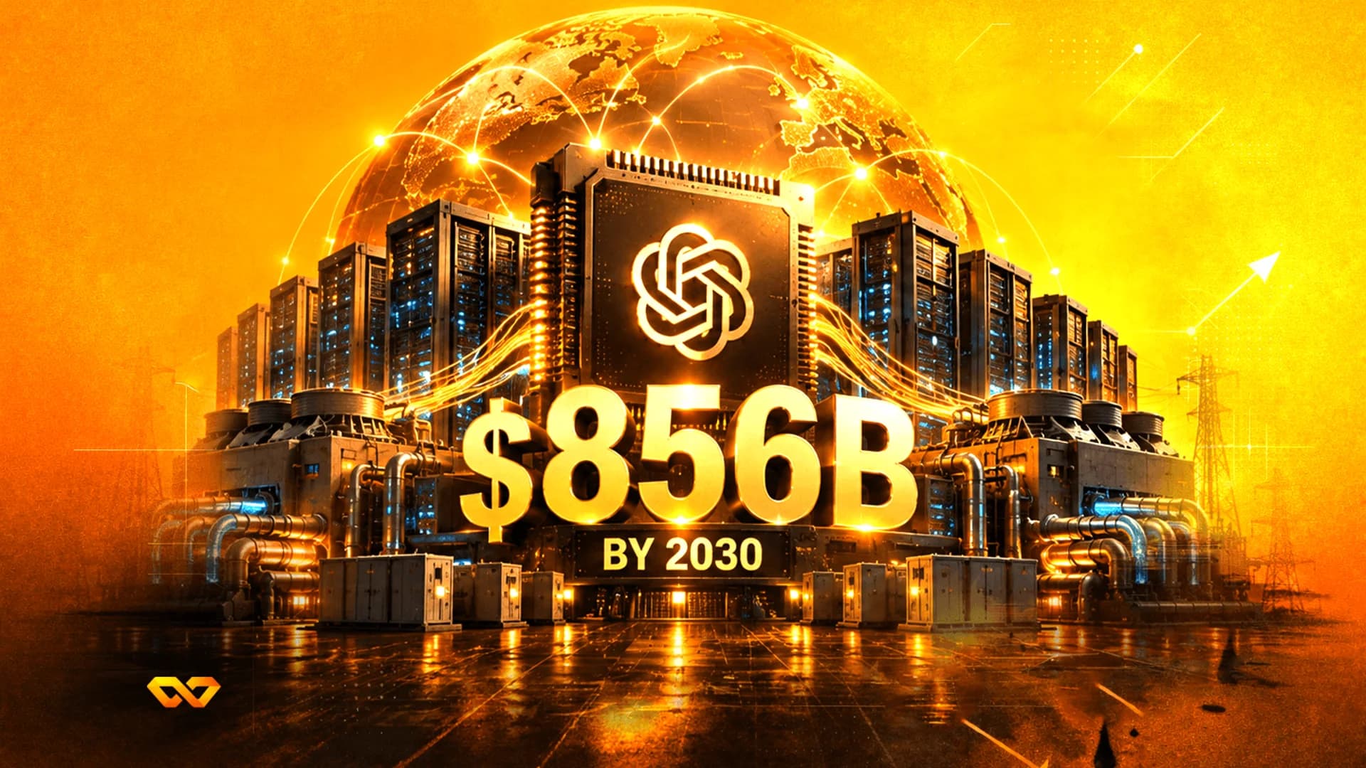 رسم توضيحي ذهبي لشريحة كمبيوتر عليها شعار OpenAI، ورفوف خوادم، ونص مكتوب عليه $856B BY 2030.