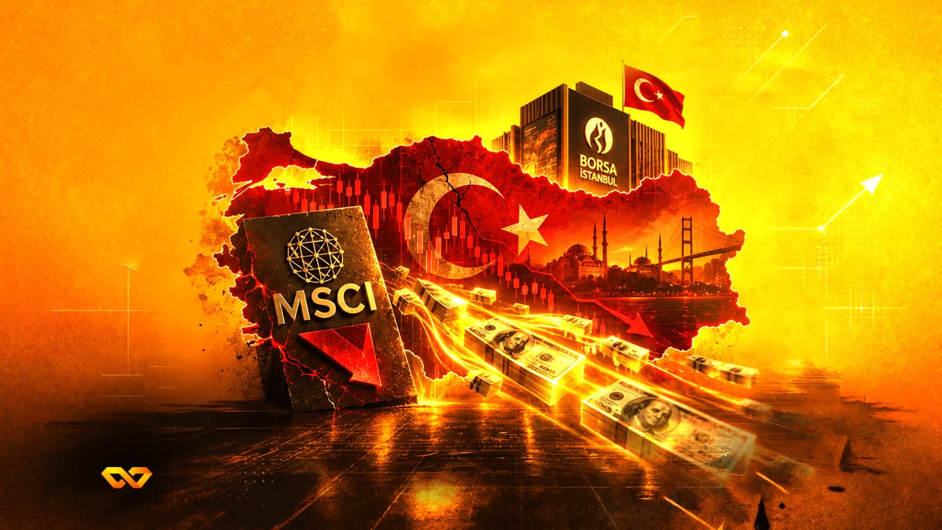 خريطة تركيا مع العلم التركي، شعار MSCI مع سهم أحمر، مبنى بورصة إسطنبول، وأوراق دولار طائرة.