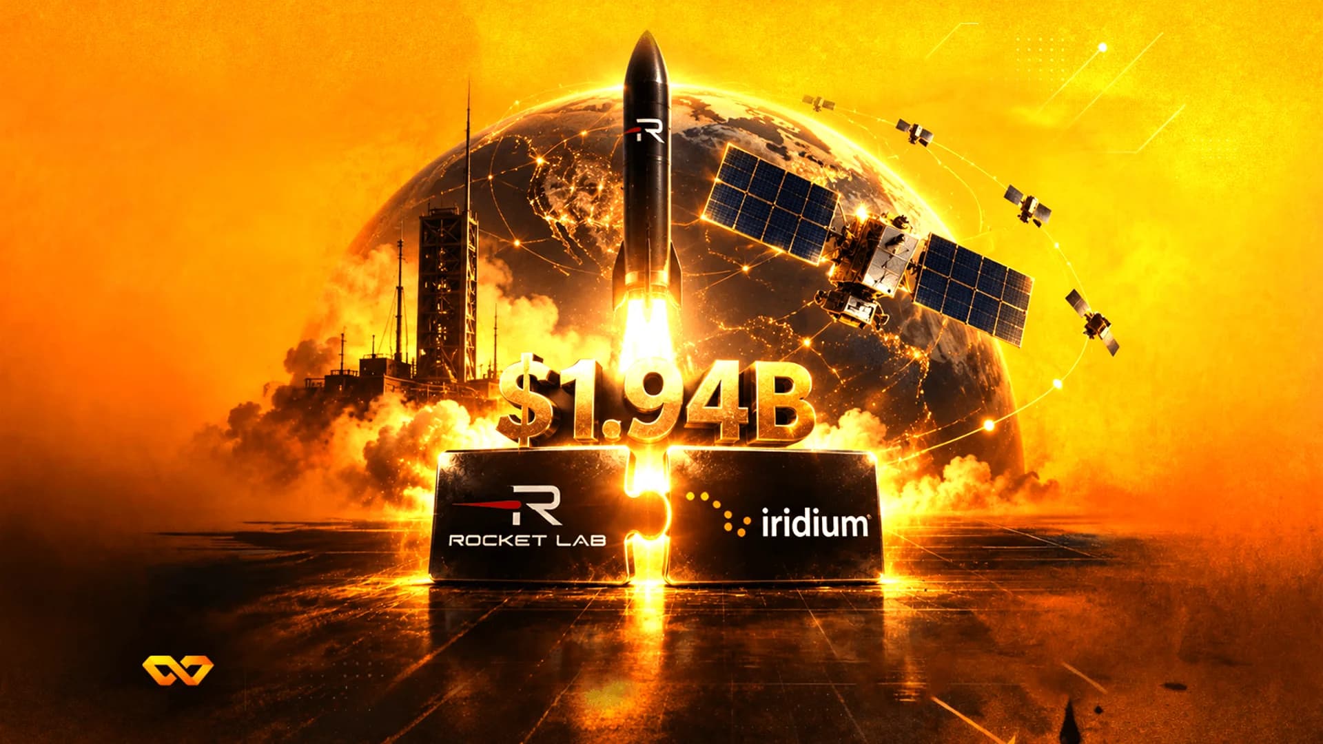إطلاق صاروخ فوق الأرض، أقمار صناعية، نص 1.94 مليار دولار، وشعارات روكيت لاب وإيريديوم على قطع أحجية متداخلة.